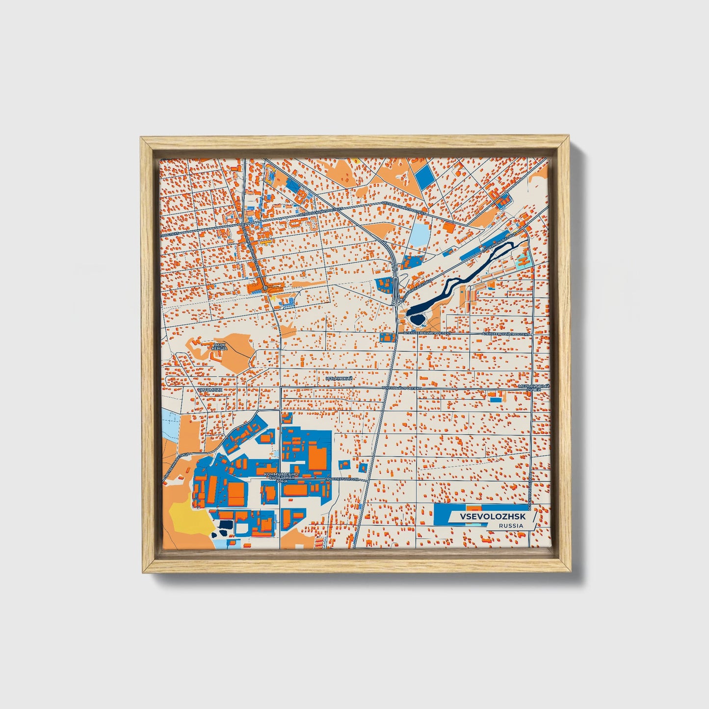Всеволожск Russia Colorful City Map Canvas Print • Natural Wooden Framed