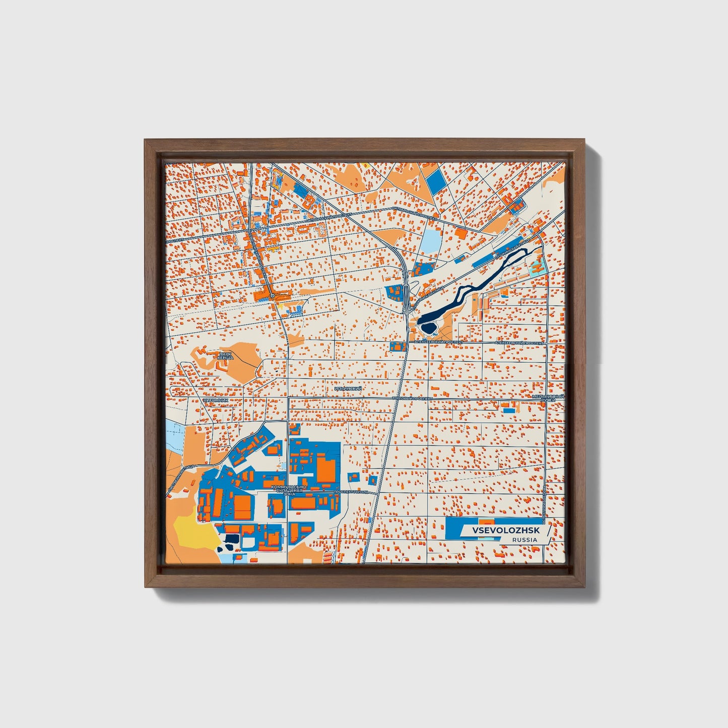 Всеволожск Russia Colorful City Map Canvas Print • Dark Wooden Framed
