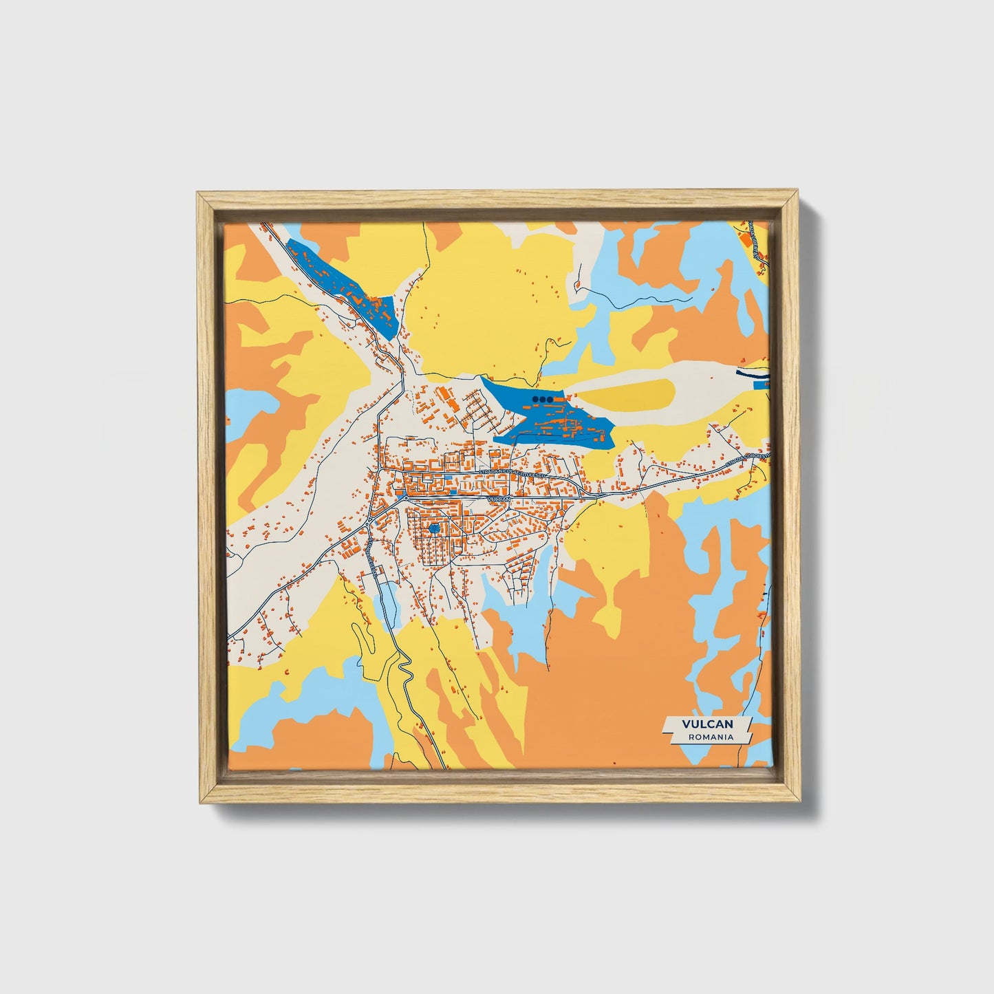 Vulcan Romania Colorful City Map Canvas Print • Natural Wooden Framed