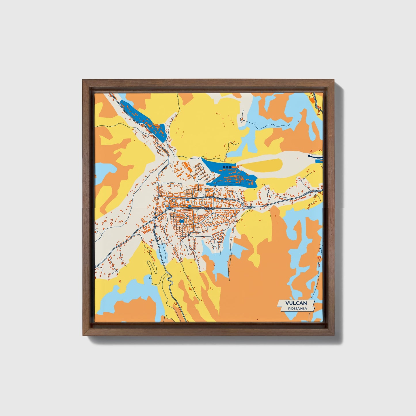 Vulcan Romania Colorful City Map Canvas Print • Dark Wooden Framed