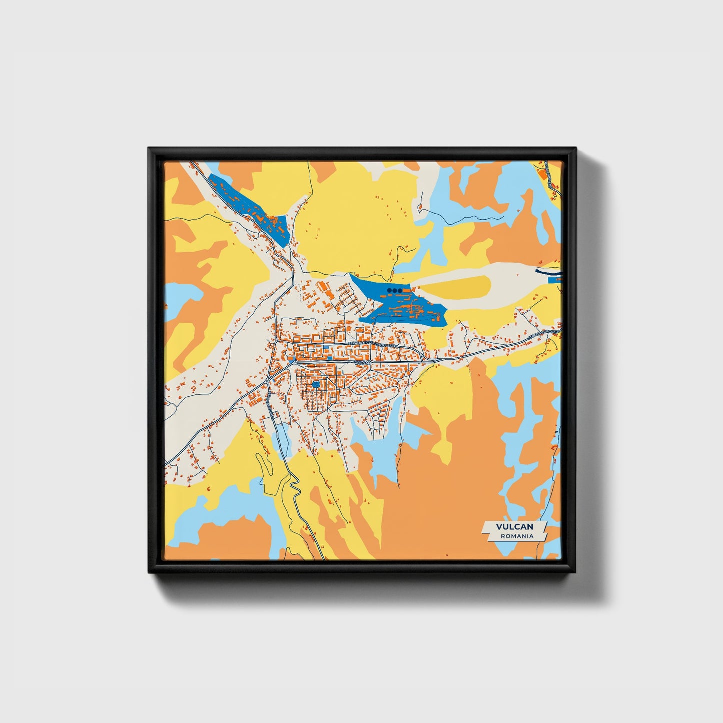 Vulcan Romania Colorful City Map Canvas Print • Black Framed