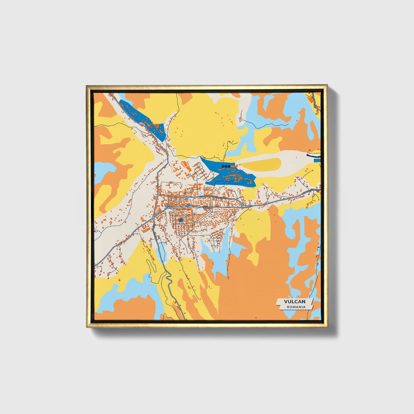 Vulcan Romania Colorful City Map Canvas Print • Gold Framed
