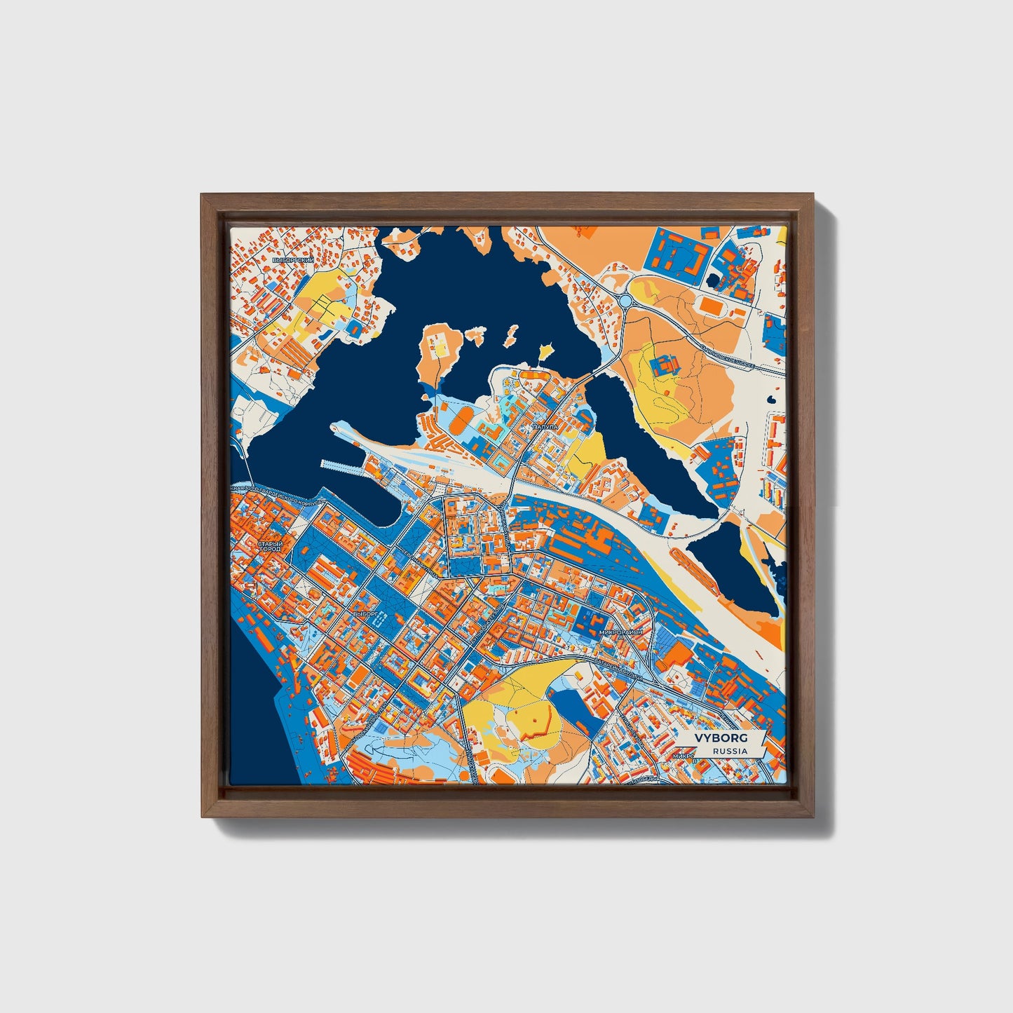 Vyborg Russia Colorful City Map Canvas Print • Dark Wooden Framed