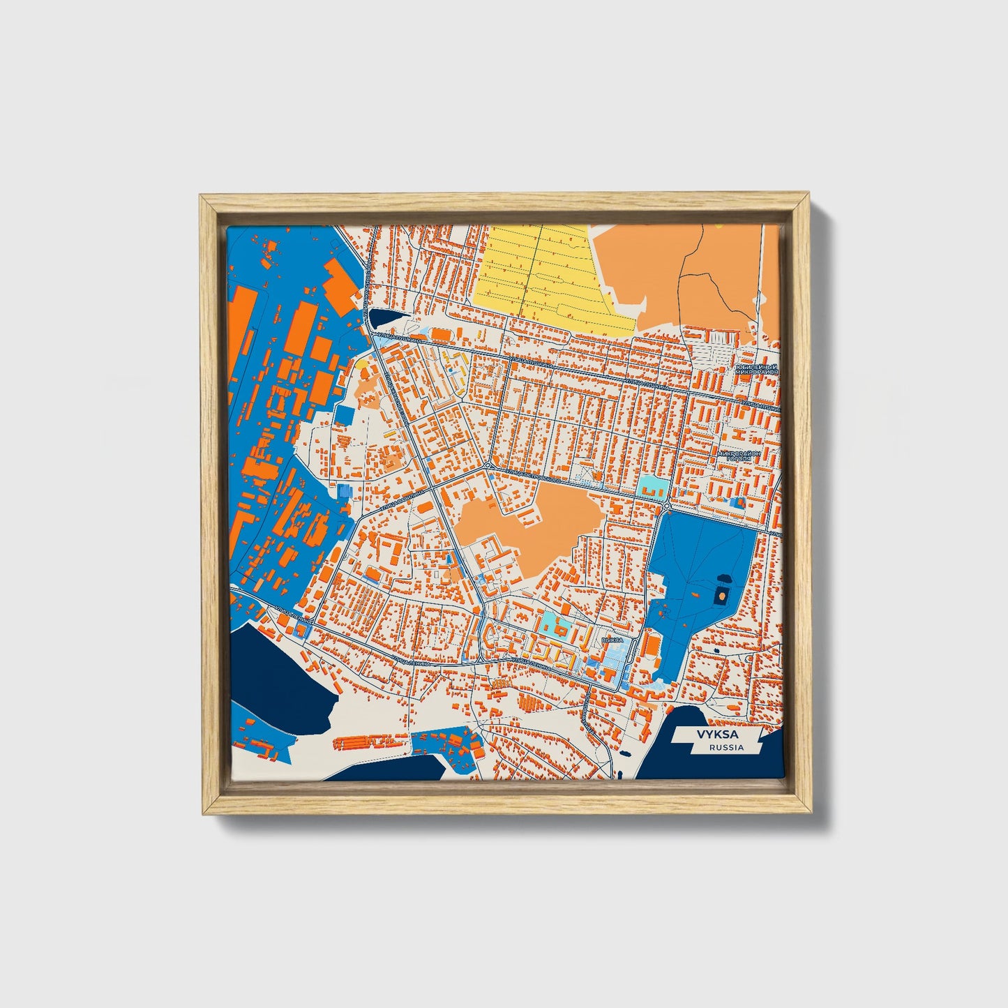 Выкса Russia Colorful City Map Canvas Print • Natural Wooden Framed