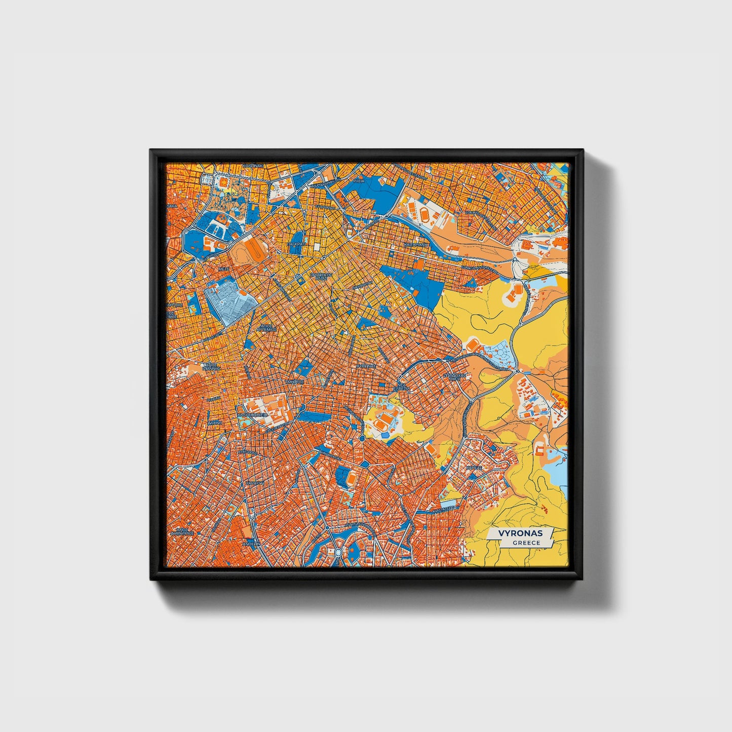 Βυρονας Greece Colorful City Map Canvas Print • Black Framed