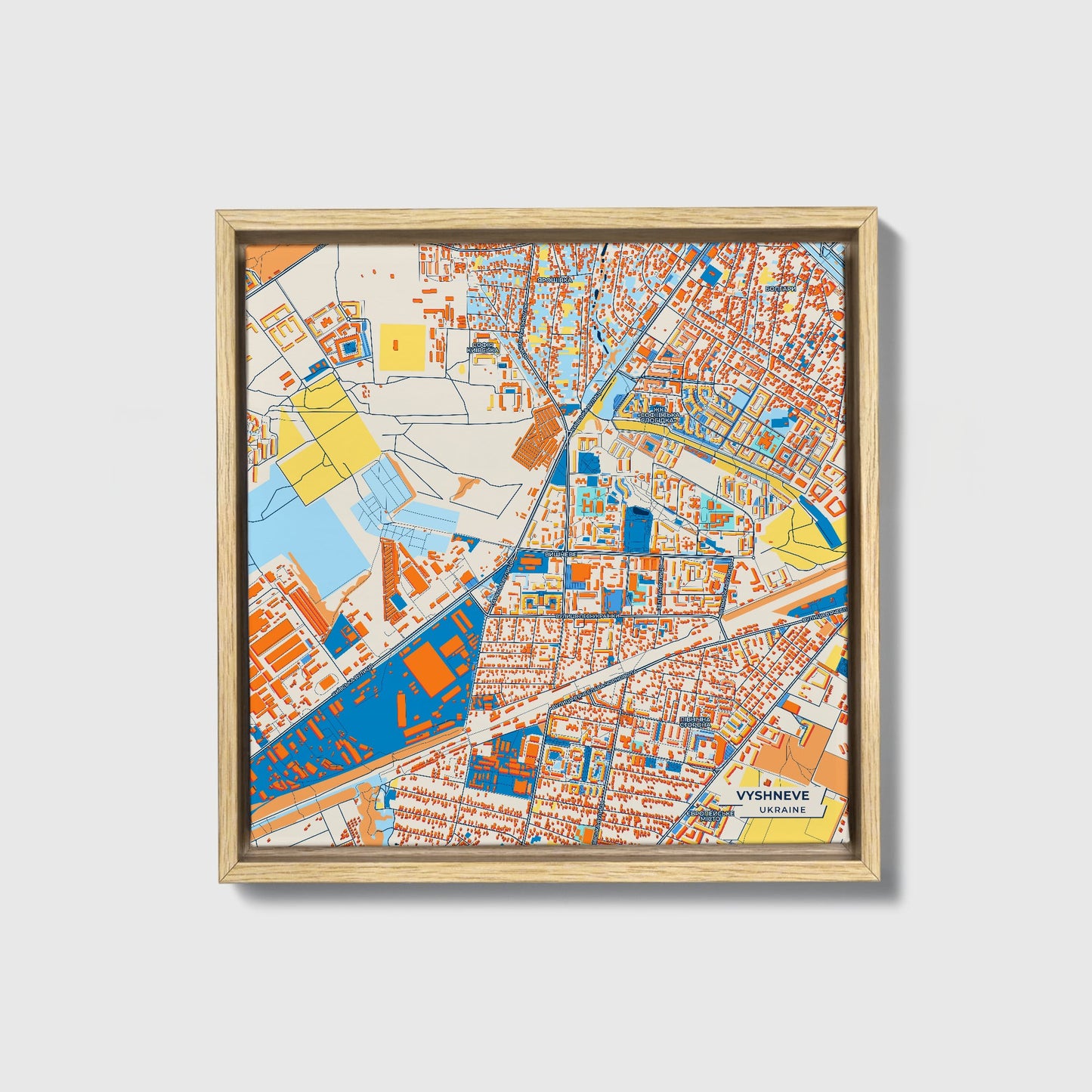 Вишнев Ukraine Colorful City Map Canvas Print • Natural Wooden Framed