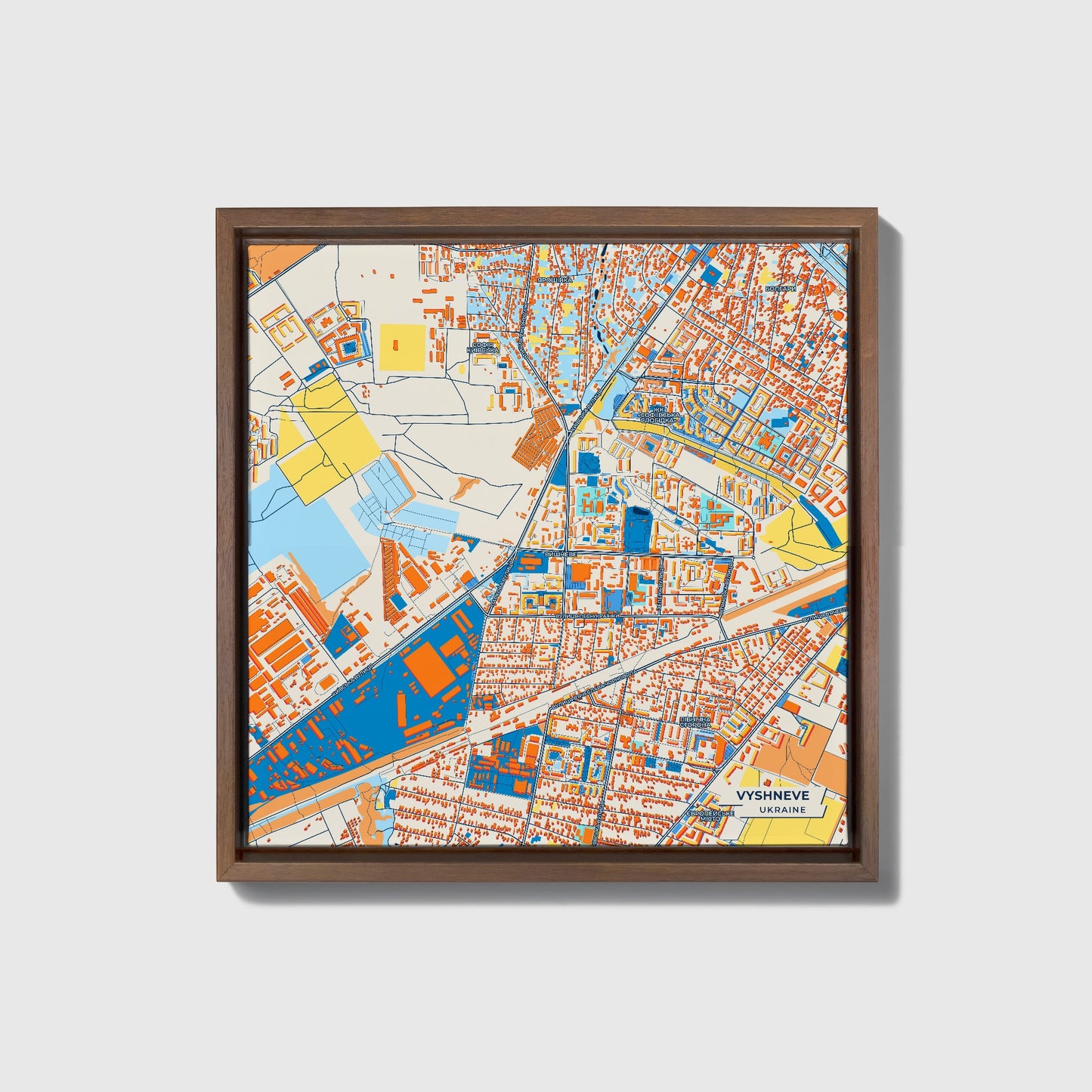 Вишнев Ukraine Colorful City Map Canvas Print • Dark Wooden Framed