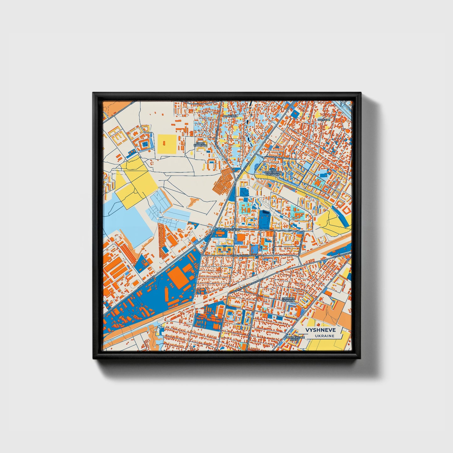 Вишнев Ukraine Colorful City Map Canvas Print • Black Framed