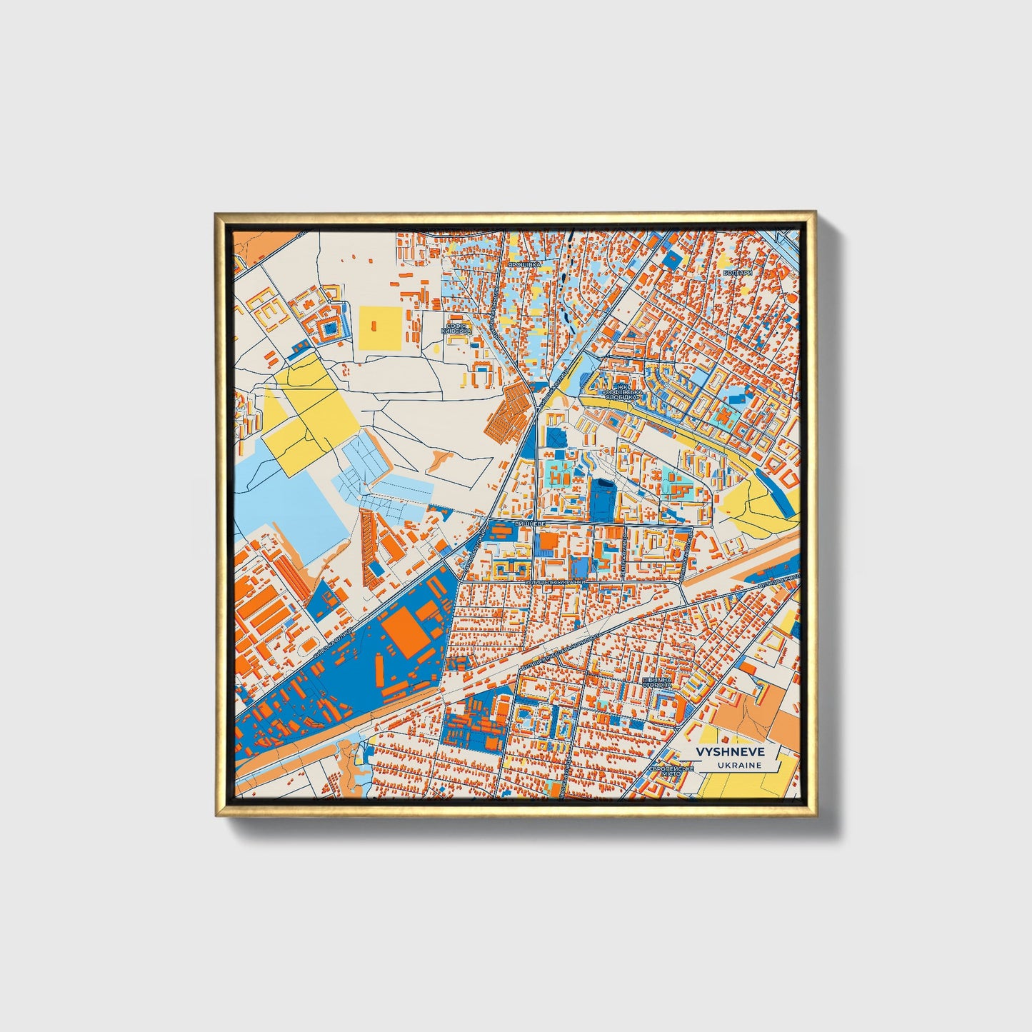 Вишнев Ukraine Colorful City Map Canvas Print • Gold Framed