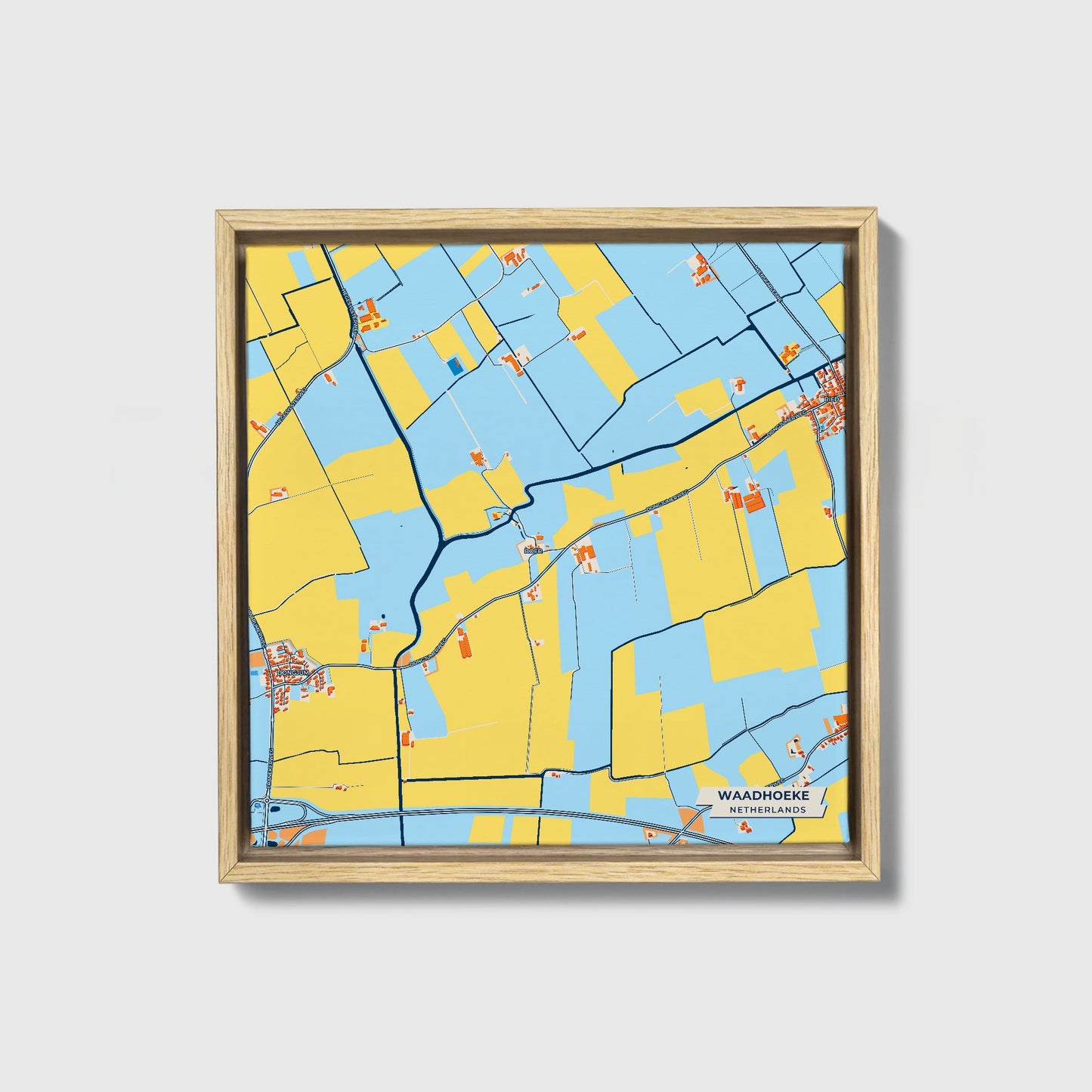 Waadhoeke Netherlands Colorful City Map Canvas Print • Natural Wooden Framed