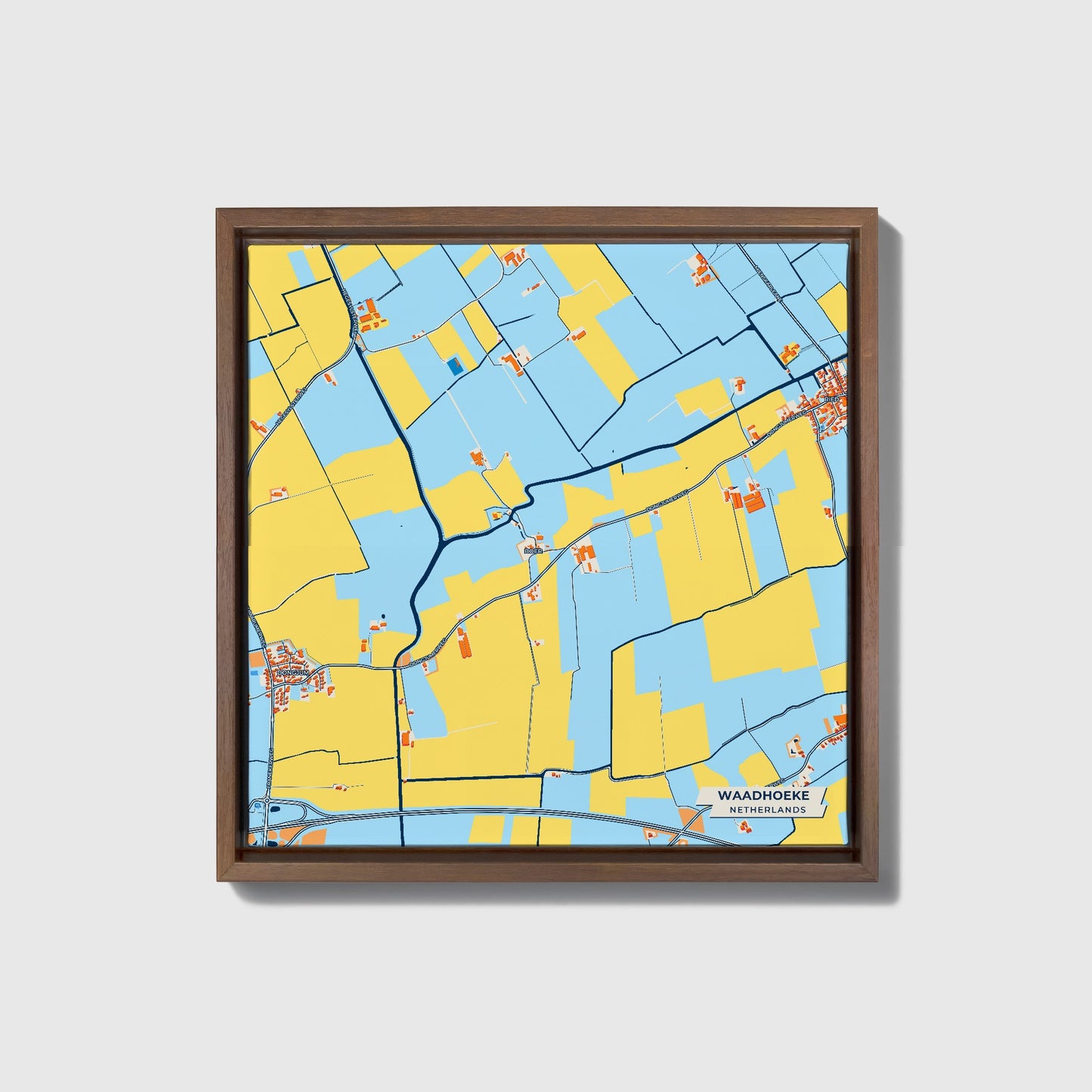 Waadhoeke Netherlands Colorful City Map Canvas Print • Dark Wooden Framed