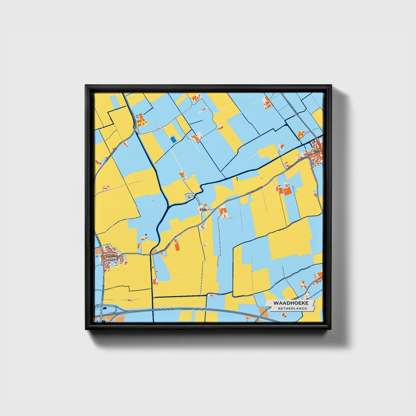 Waadhoeke Netherlands Colorful City Map Canvas Print • Black Framed