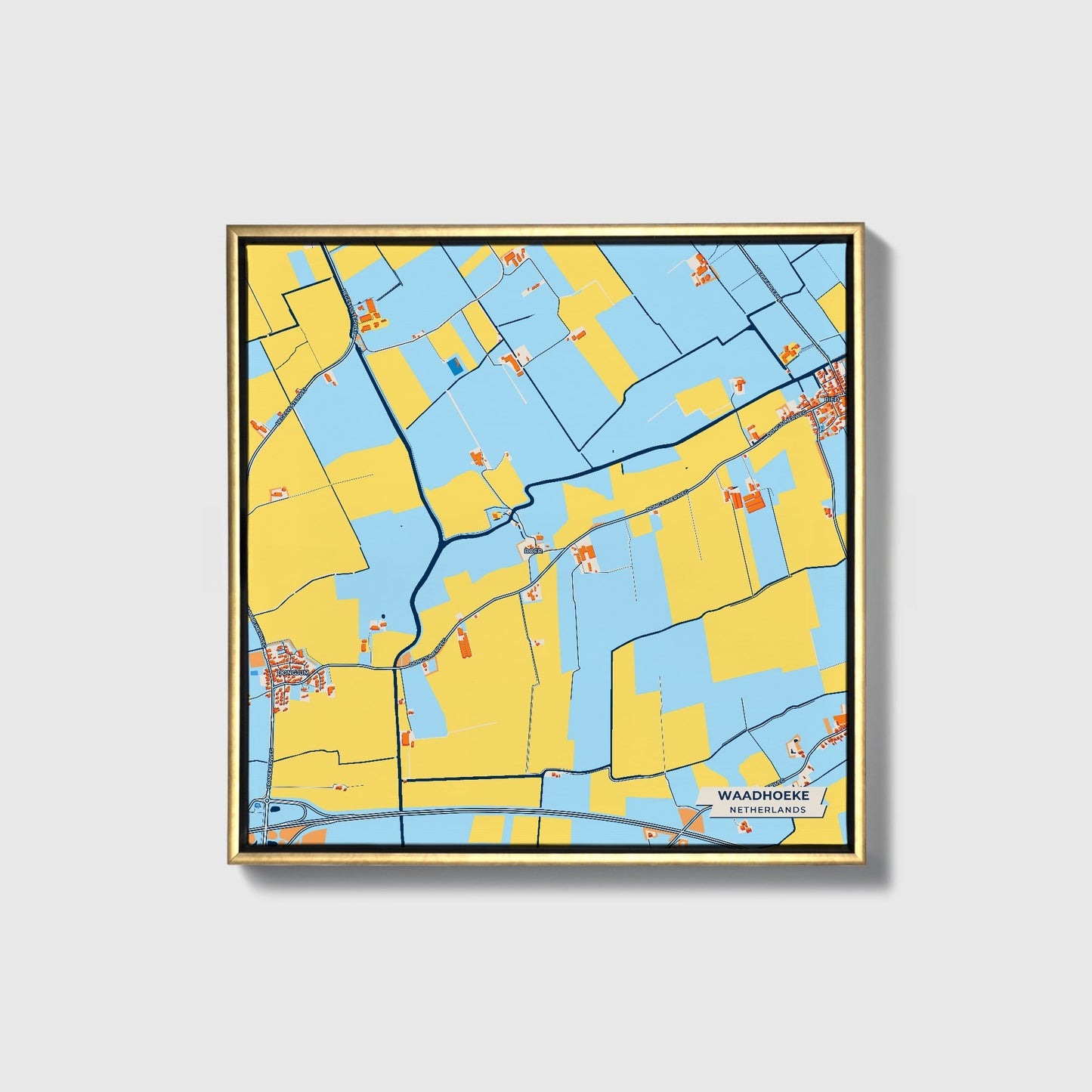 Waadhoeke Netherlands Colorful City Map Canvas Print • Gold Framed