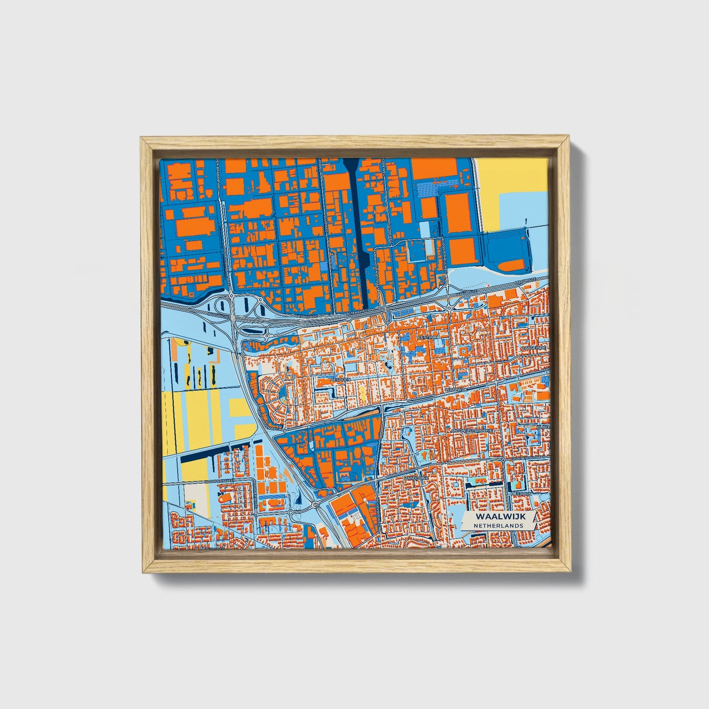 Waalwijk Netherlands Colorful City Map Canvas Print • Natural Wooden Framed