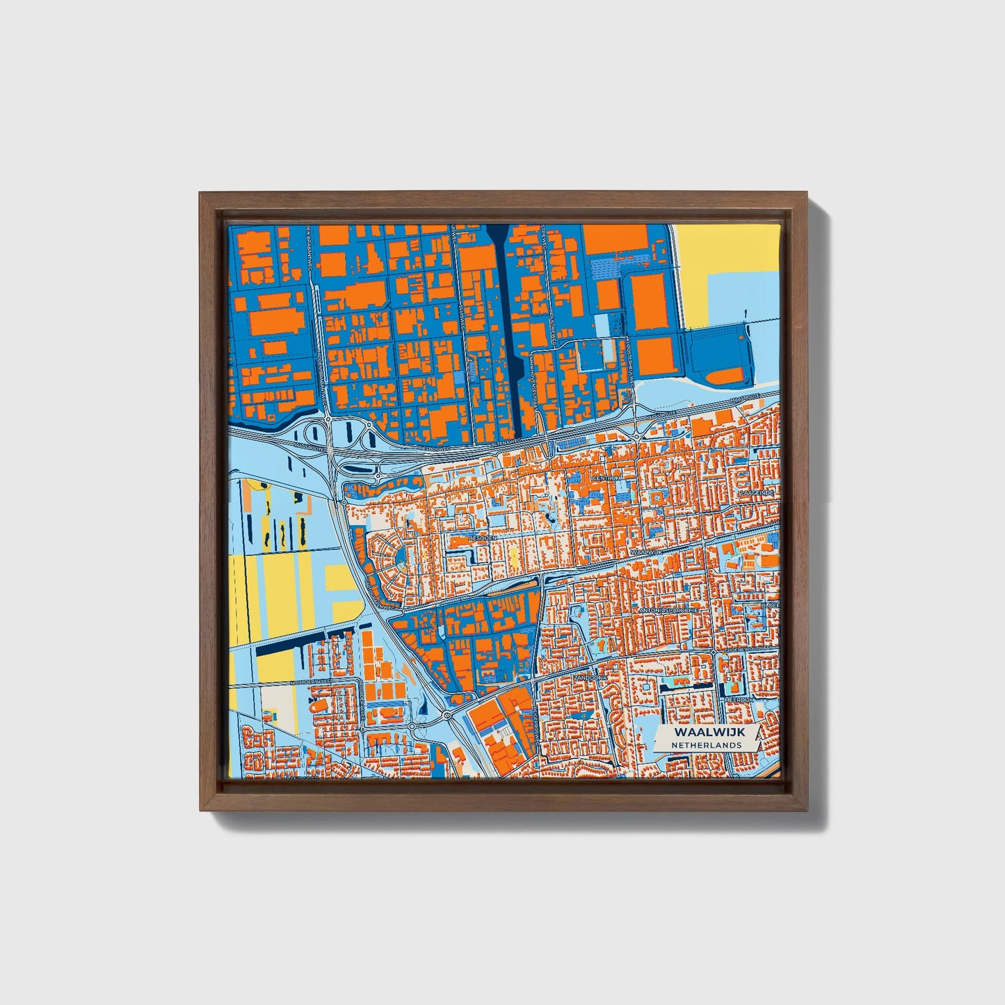 Waalwijk Netherlands Colorful City Map Canvas Print • Dark Wooden Framed