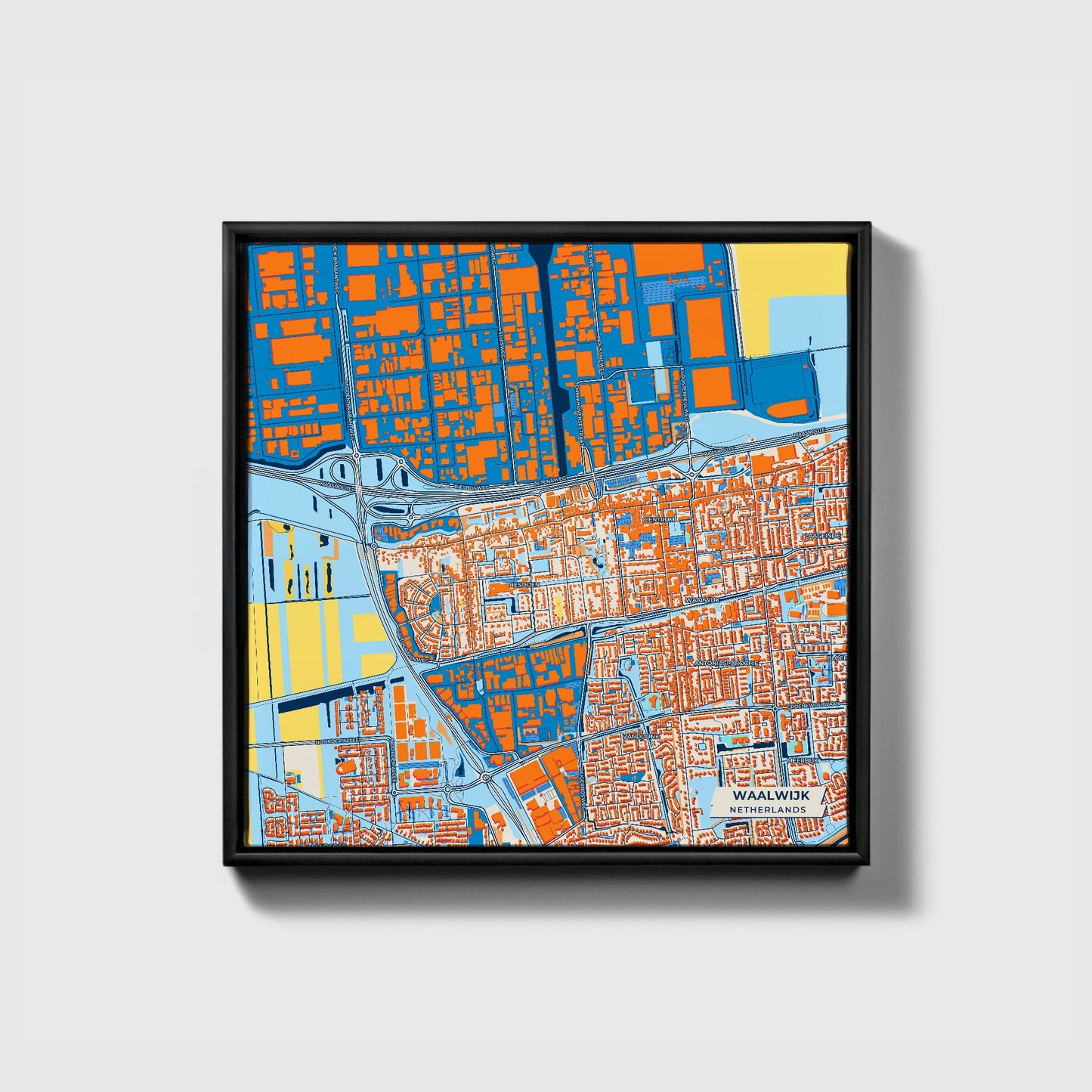 Waalwijk Netherlands Colorful City Map Canvas Print • Black Framed