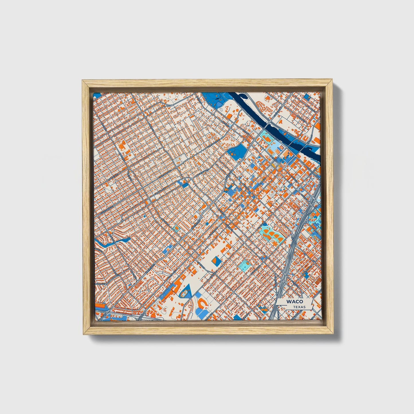 Waco Texas Colorful City Map Canvas Print • Natural Wooden Framed