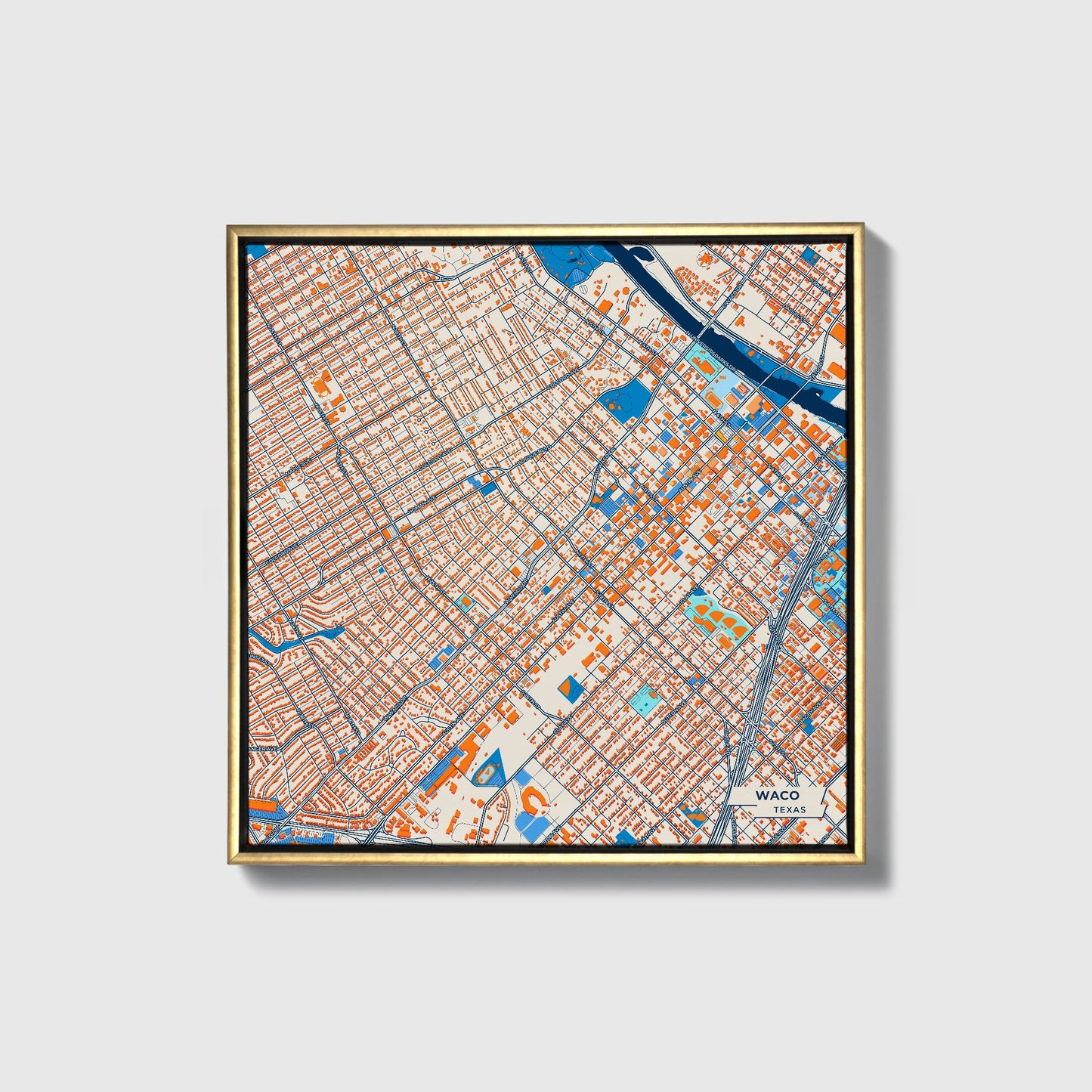 Waco Texas Colorful City Map Canvas Print • Gold Framed