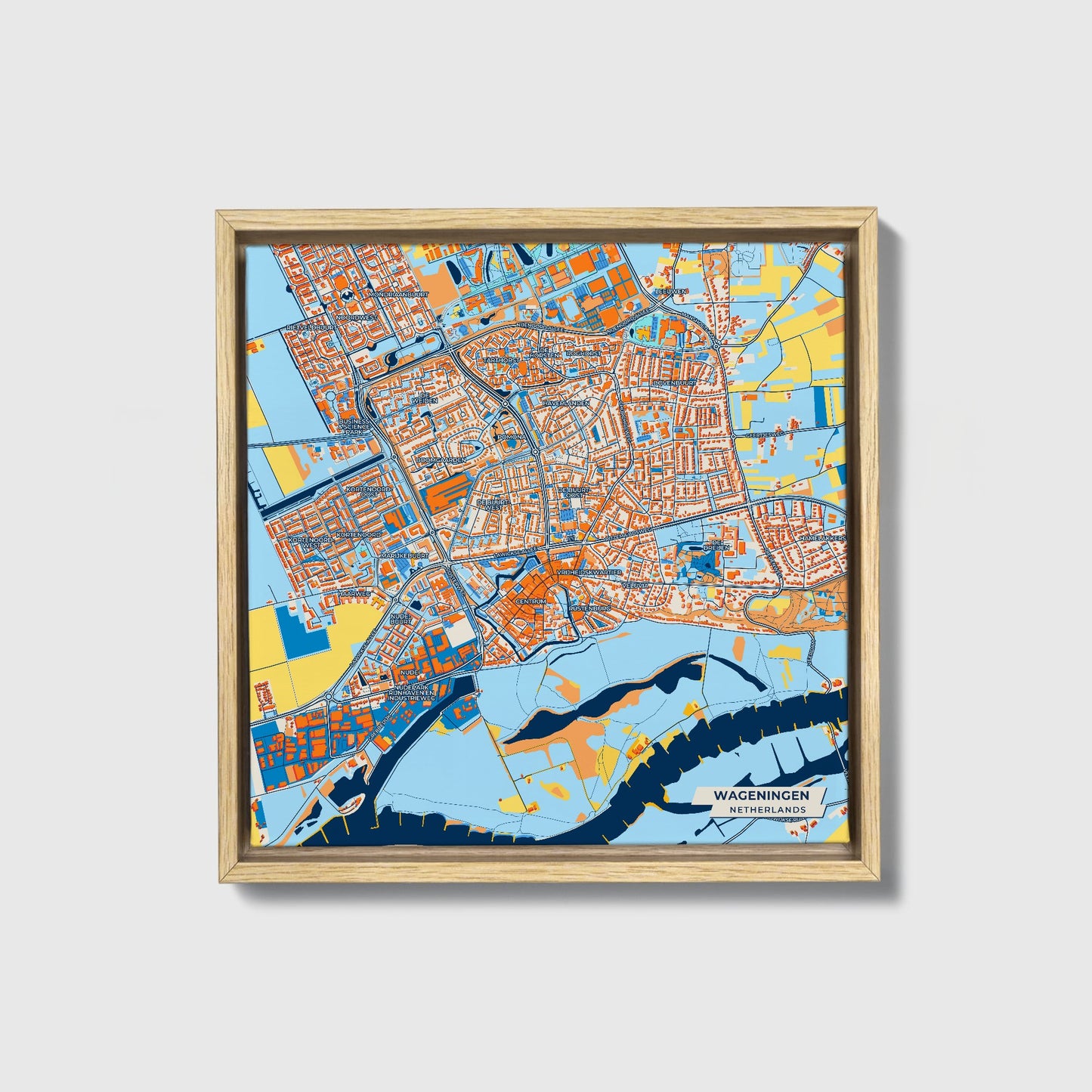 Wageningen Netherlands Colorful City Map Canvas Print • Natural Wooden Framed