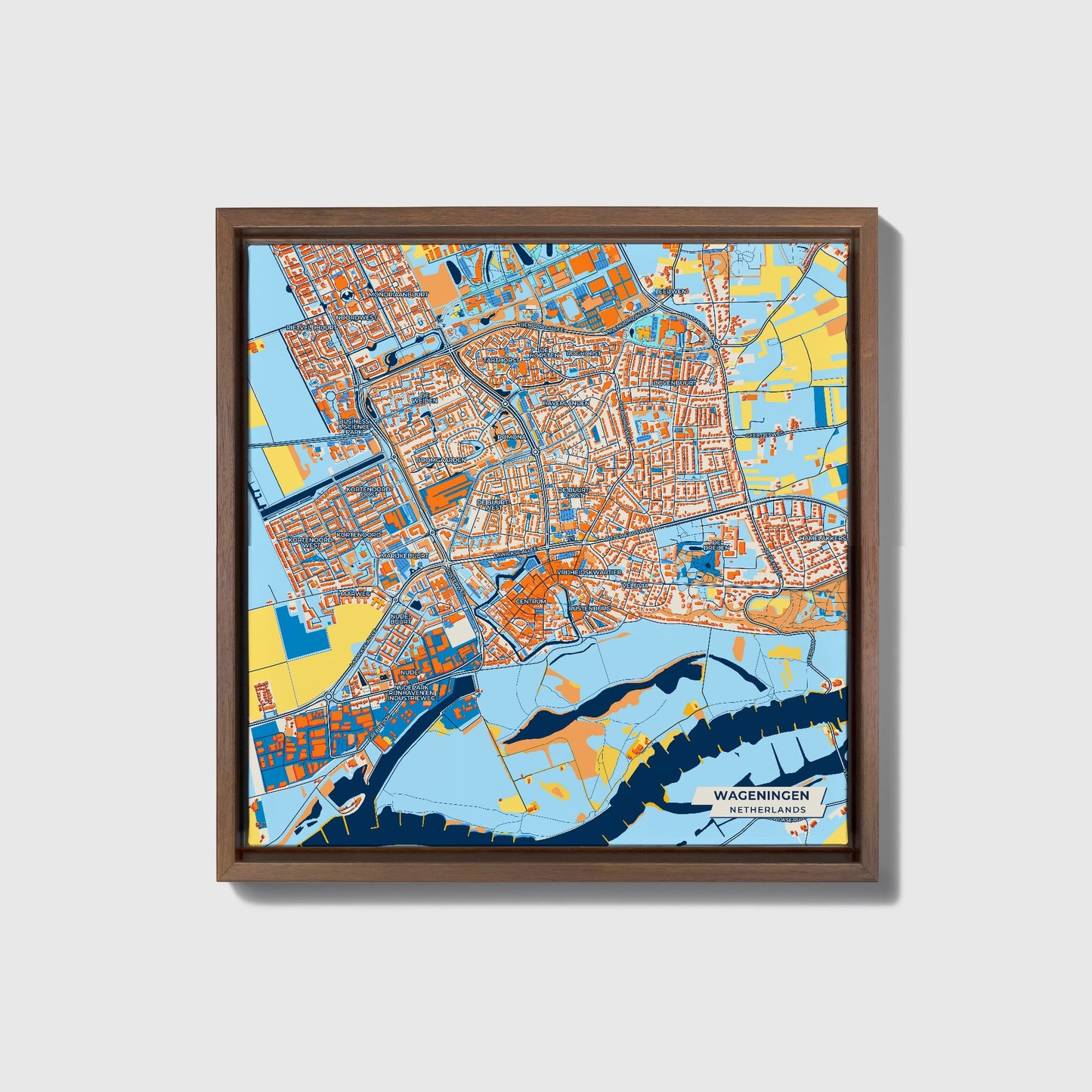 Wageningen Netherlands Colorful City Map Canvas Print • Dark Wooden Framed