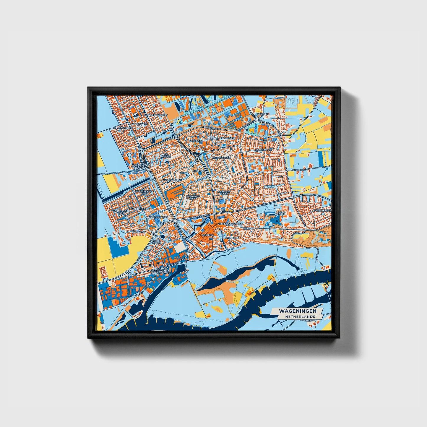 Wageningen Netherlands Colorful City Map Canvas Print • Black Framed