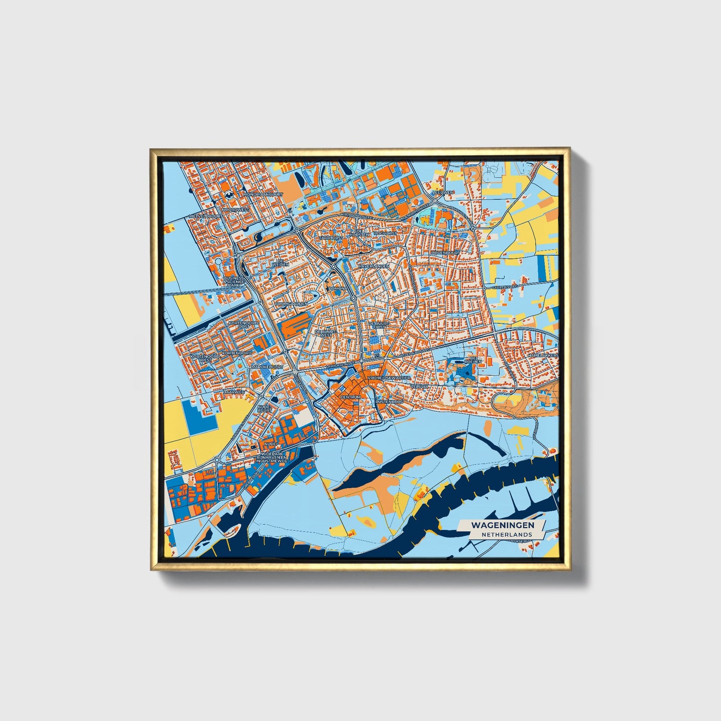 Wageningen Netherlands Colorful City Map Canvas Print • Gold Framed