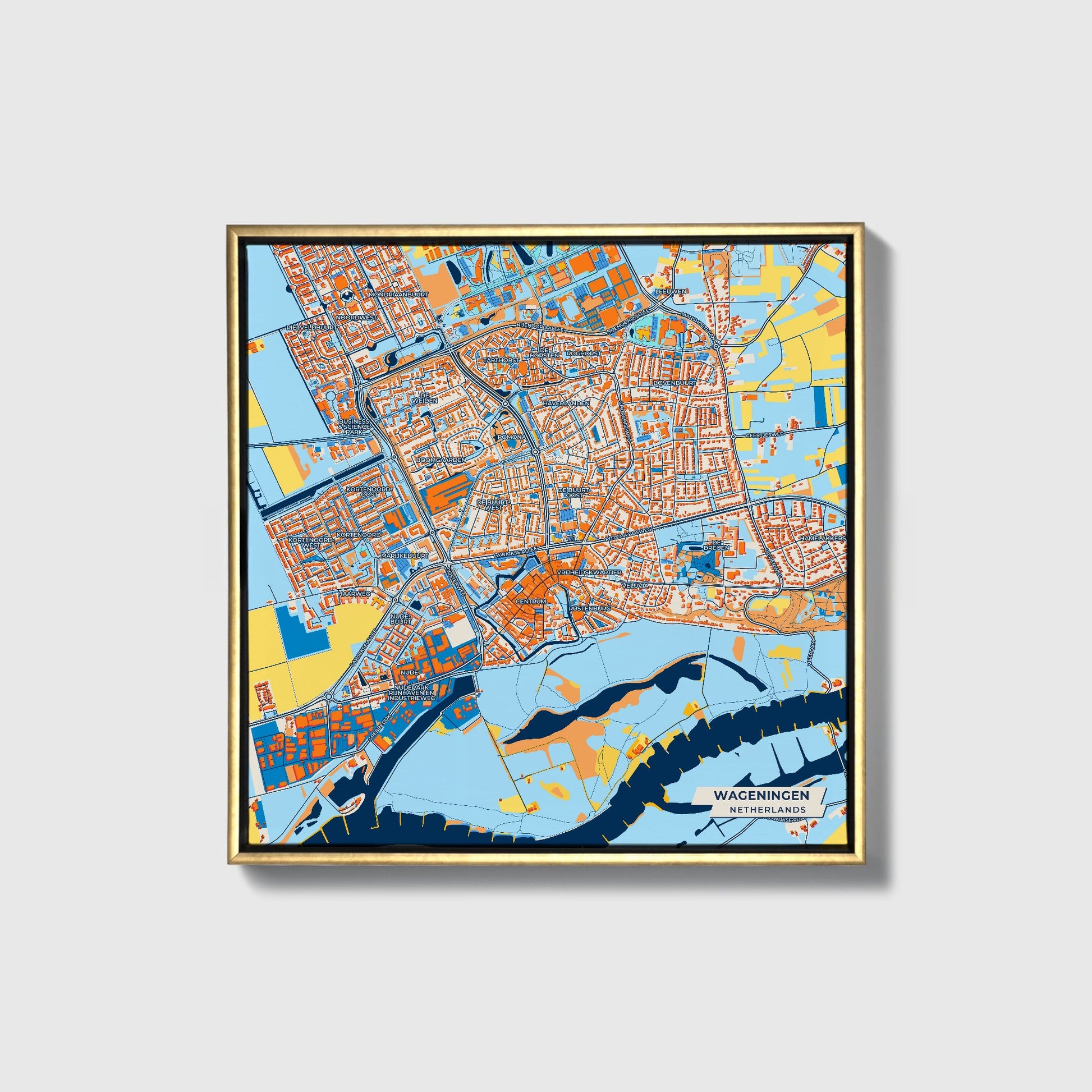 Wageningen Netherlands Colorful City Map Canvas Print • Gold Framed