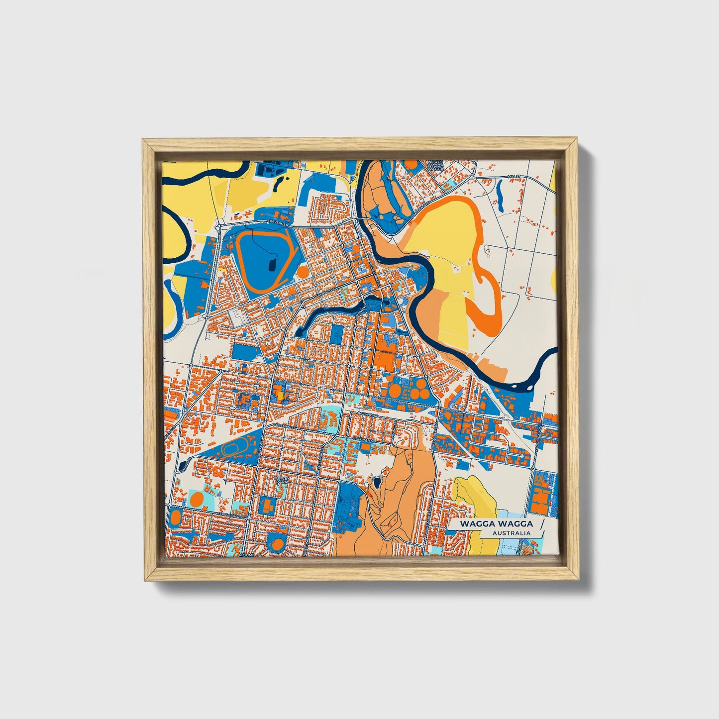 Wagga Wagga Australia Colorful City Map Canvas Print • Natural Wooden Framed