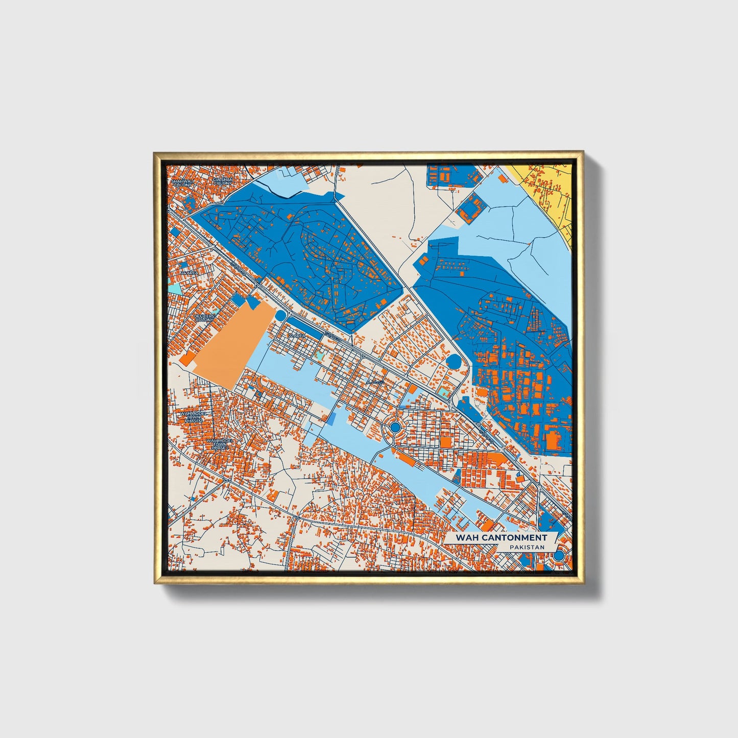 Wah Cantonment Pakistan Colorful City Map Canvas Print • Gold Framed