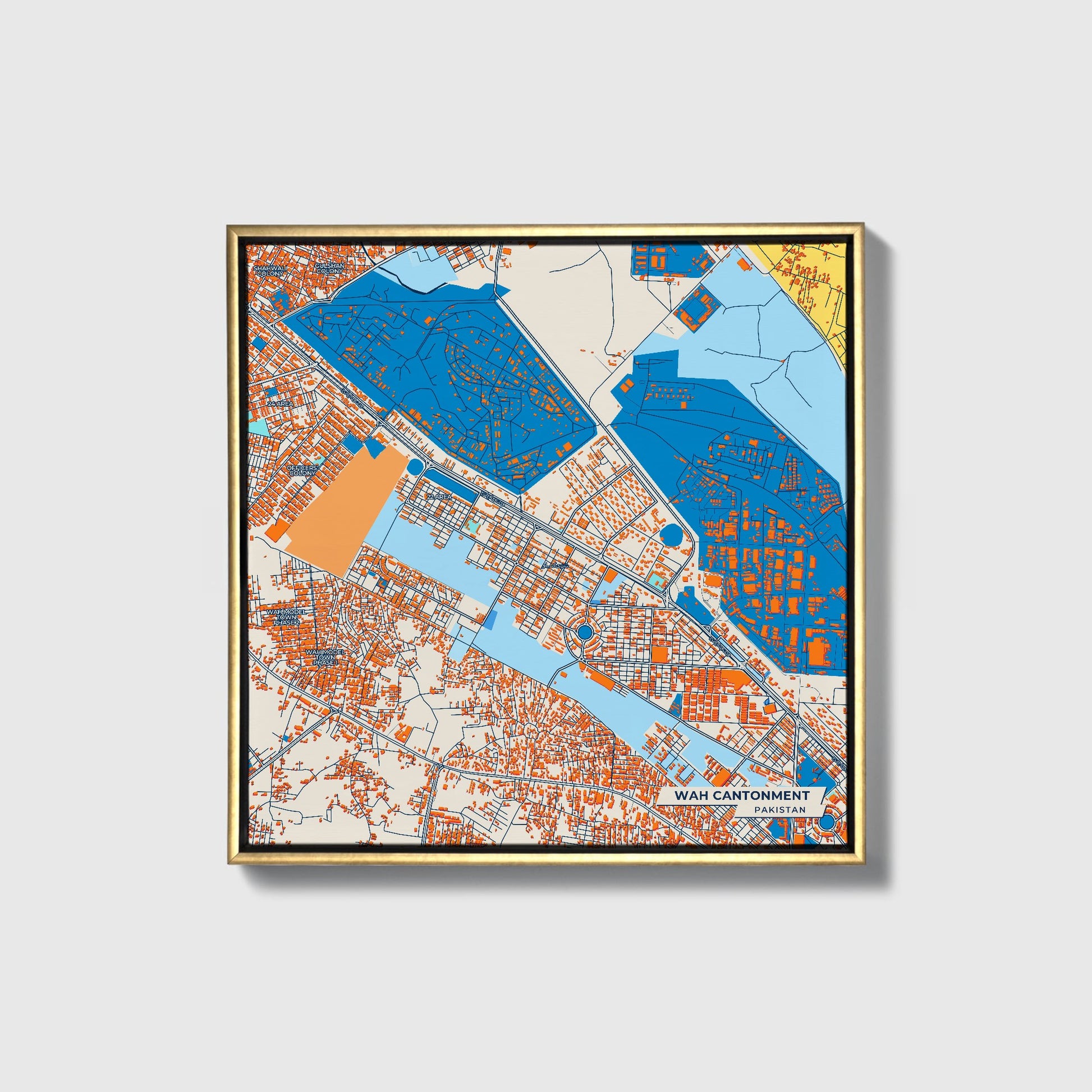 Wah Cantonment Pakistan Colorful City Map Canvas Print • Gold Framed
