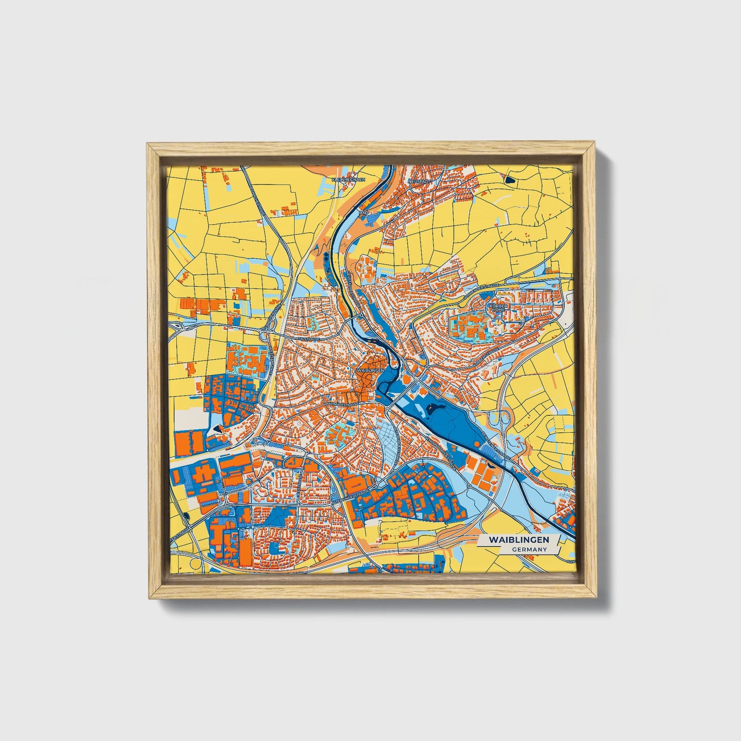 Waiblingen Germany Colorful City Map Canvas Print • Natural Wooden Framed