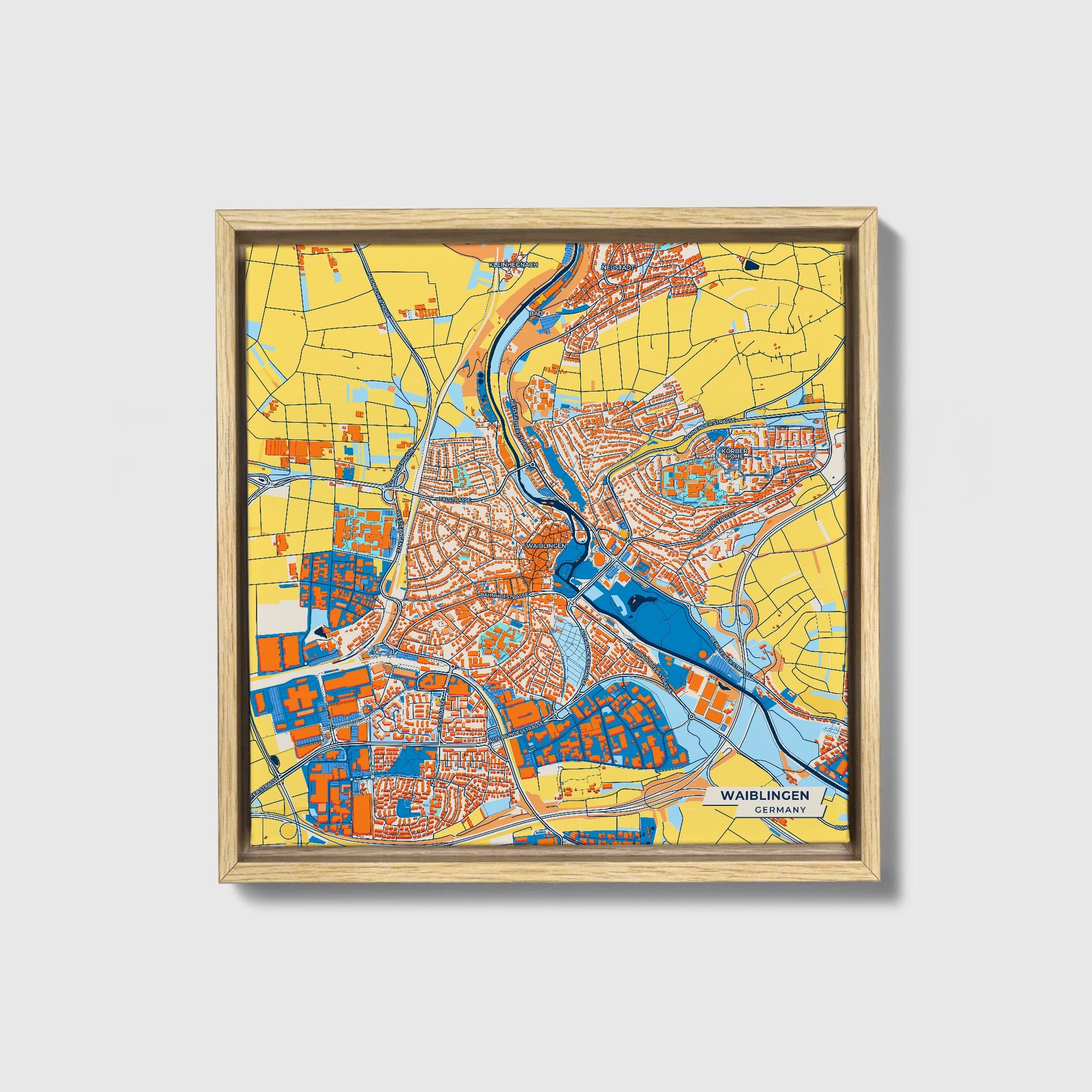 Waiblingen Germany Colorful City Map Canvas Print • Natural Wooden Framed