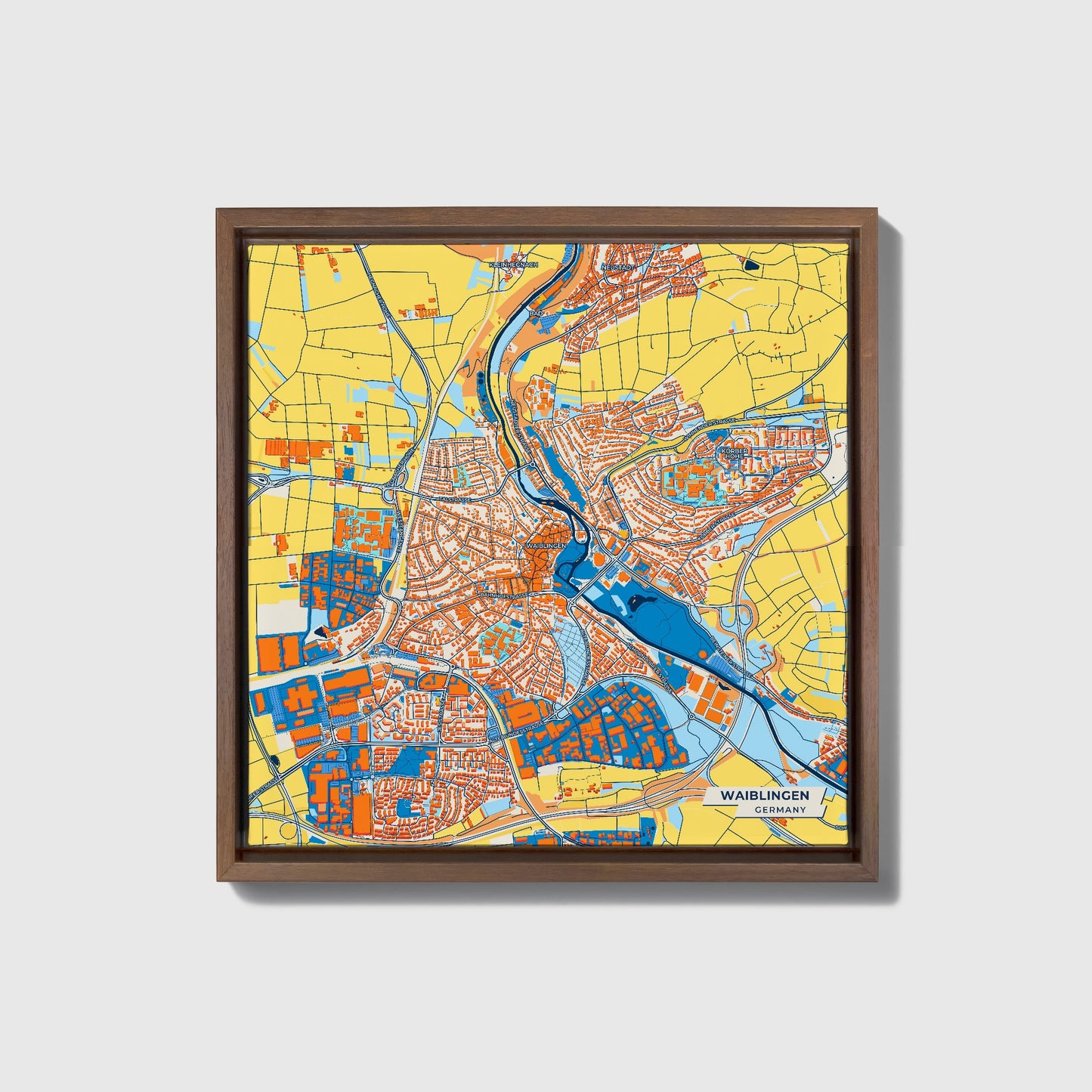 Waiblingen Germany Colorful City Map Canvas Print • Dark Wooden Framed