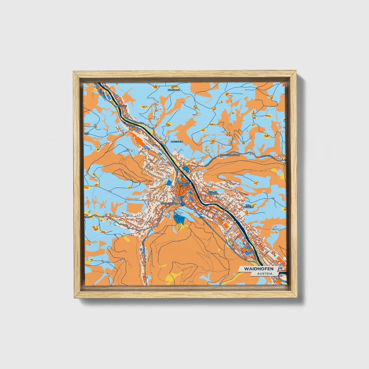 Waidhofen Austria Colorful City Map Canvas Print • Natural Wooden Framed