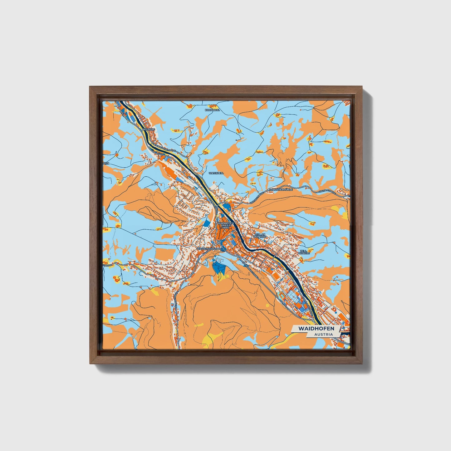 Waidhofen Austria Colorful City Map Canvas Print • Dark Wooden Framed