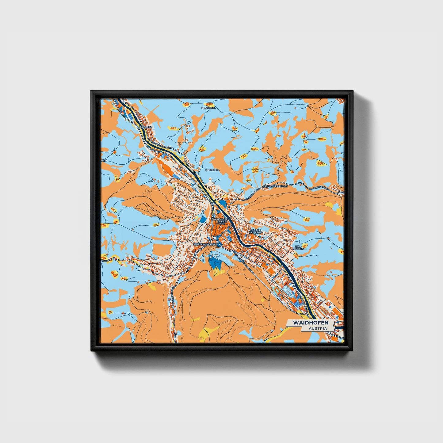 Waidhofen Austria Colorful City Map Canvas Print • Black Framed