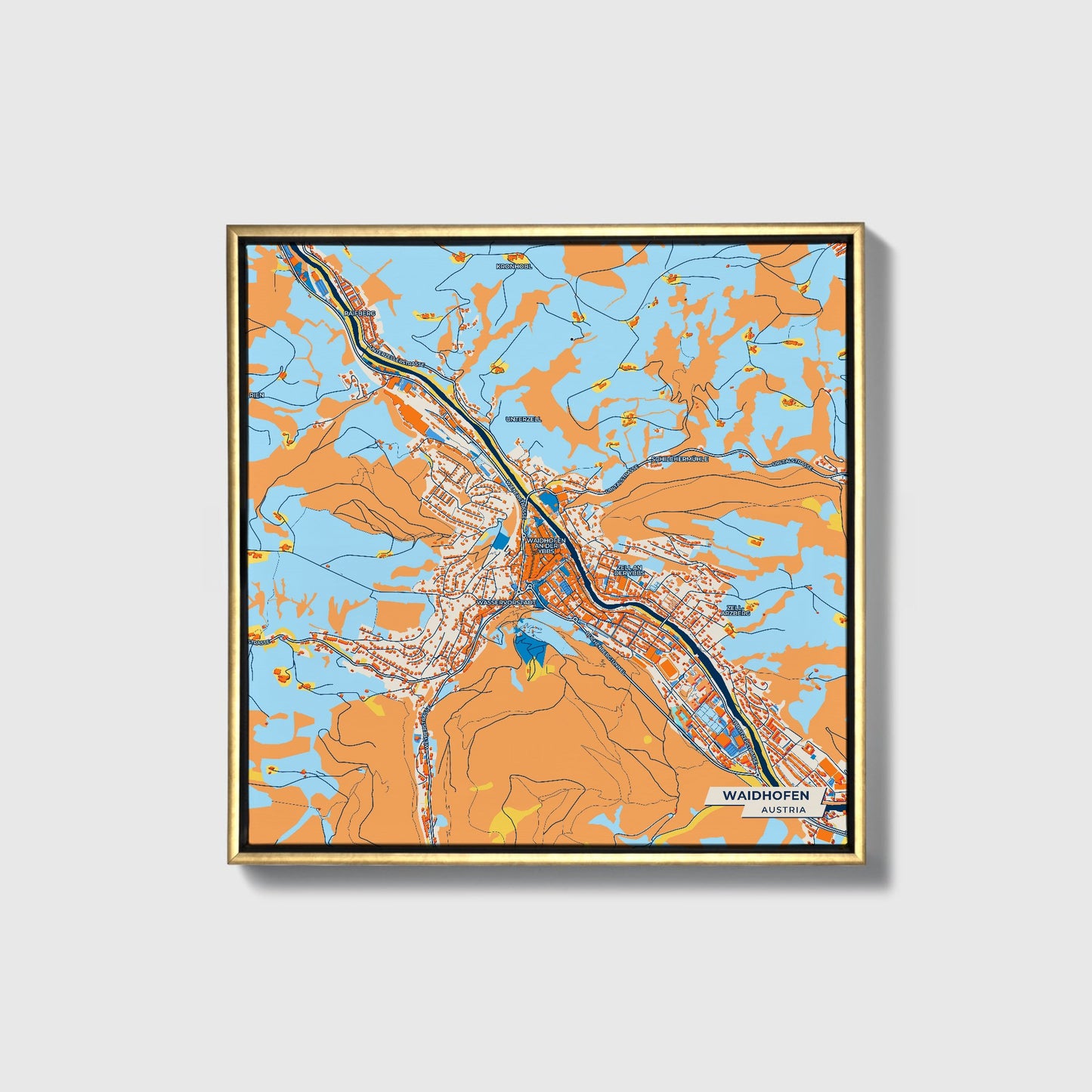 Waidhofen Austria Colorful City Map Canvas Print • Gold Framed