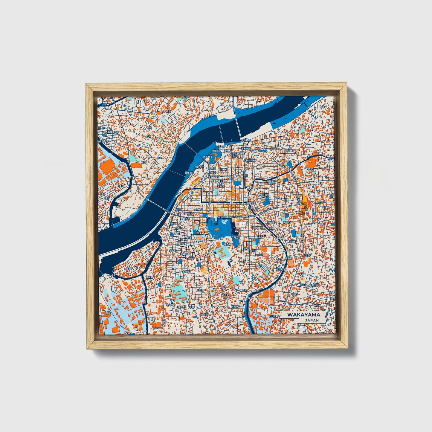 Wakayama Japan Colorful City Map Canvas Print • Natural Wooden Framed