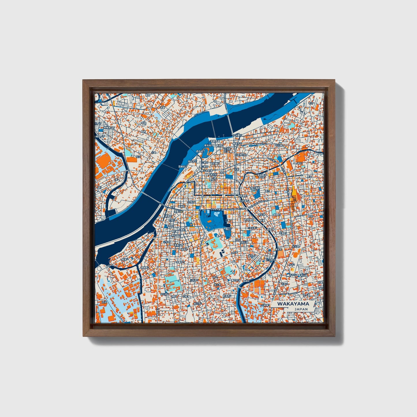 Wakayama Japan Colorful City Map Canvas Print • Dark Wooden Framed