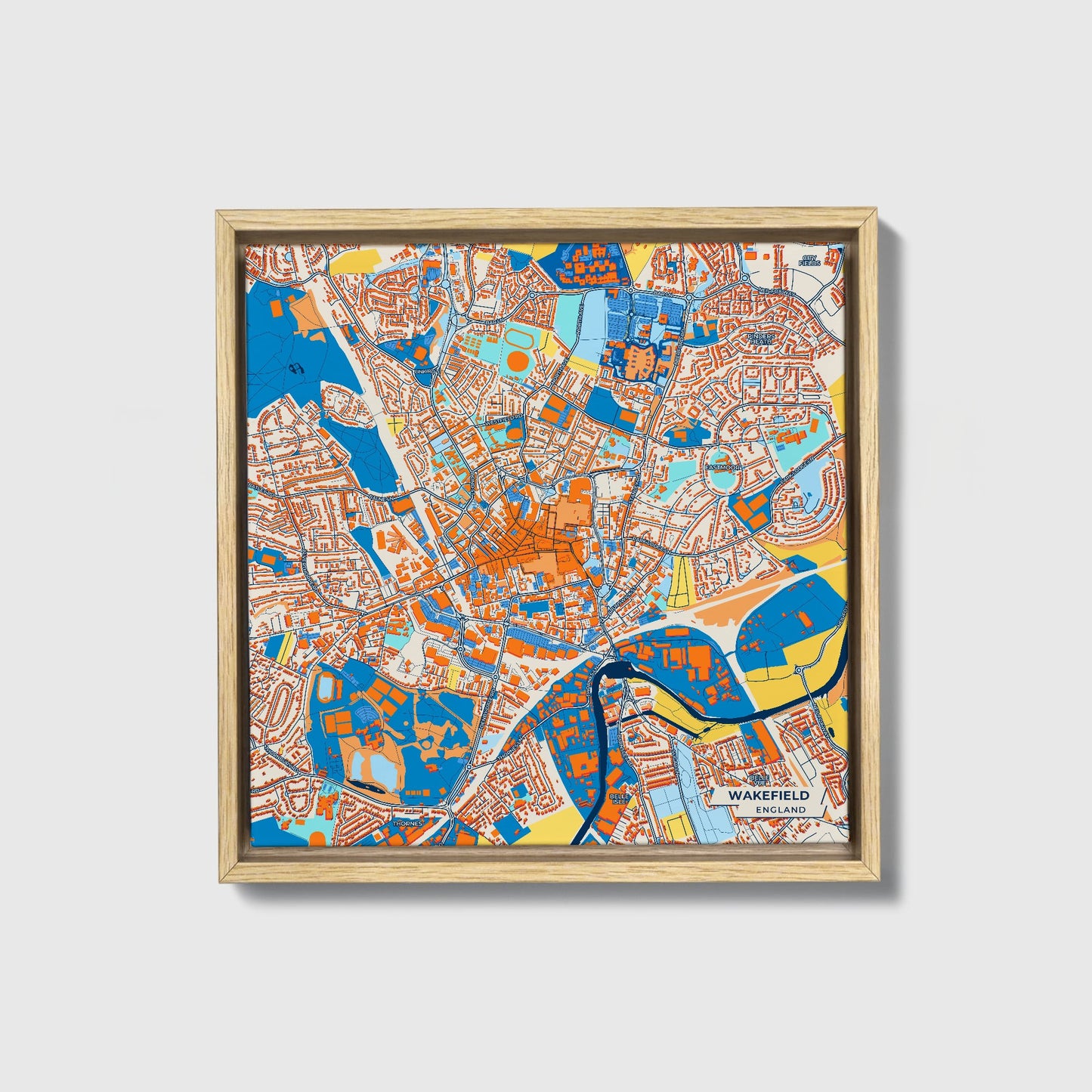 Wakefield England Colorful City Map Canvas Print • Natural Wooden Framed