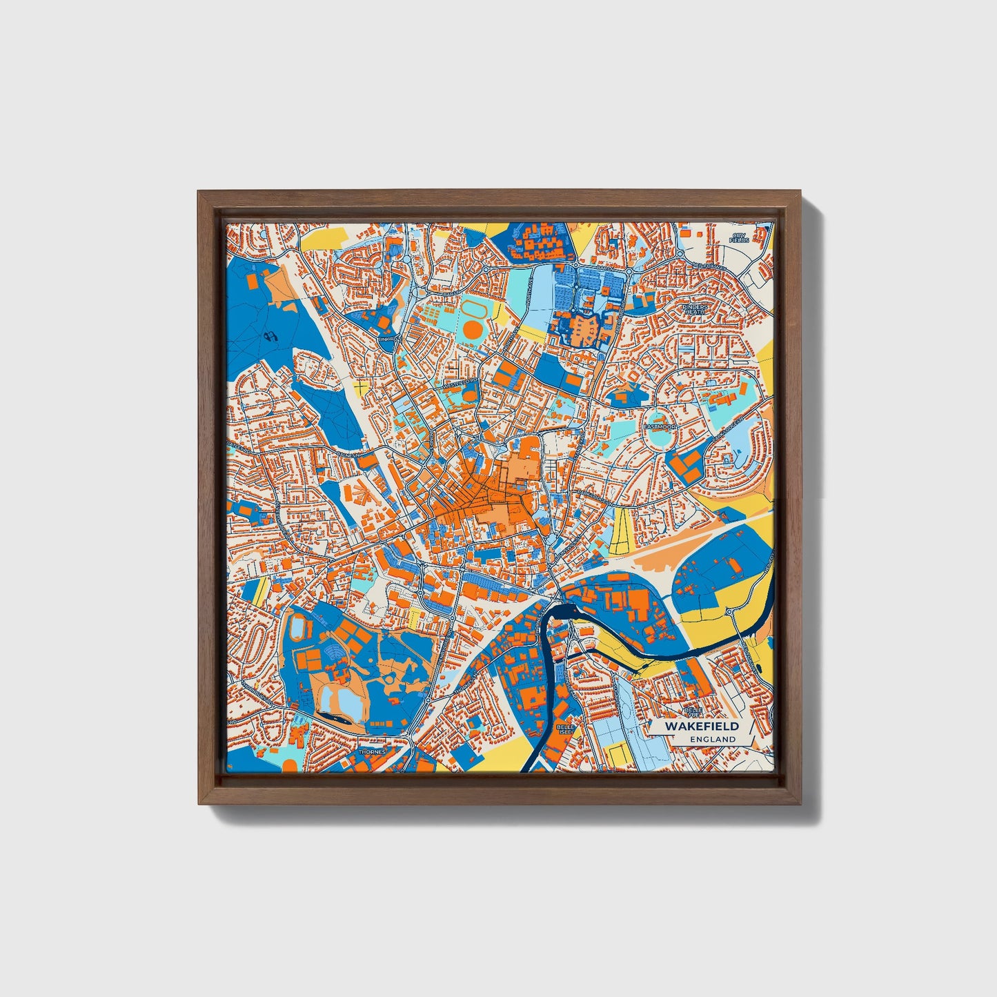 Wakefield England Colorful City Map Canvas Print • Dark Wooden Framed