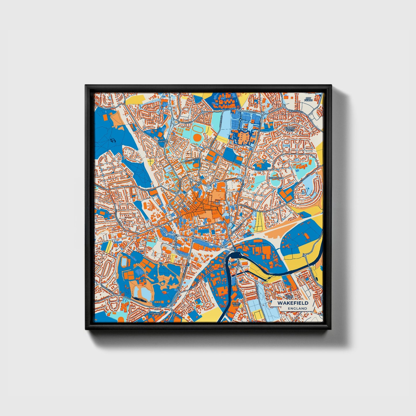 Wakefield England Colorful City Map Canvas Print • Black Framed