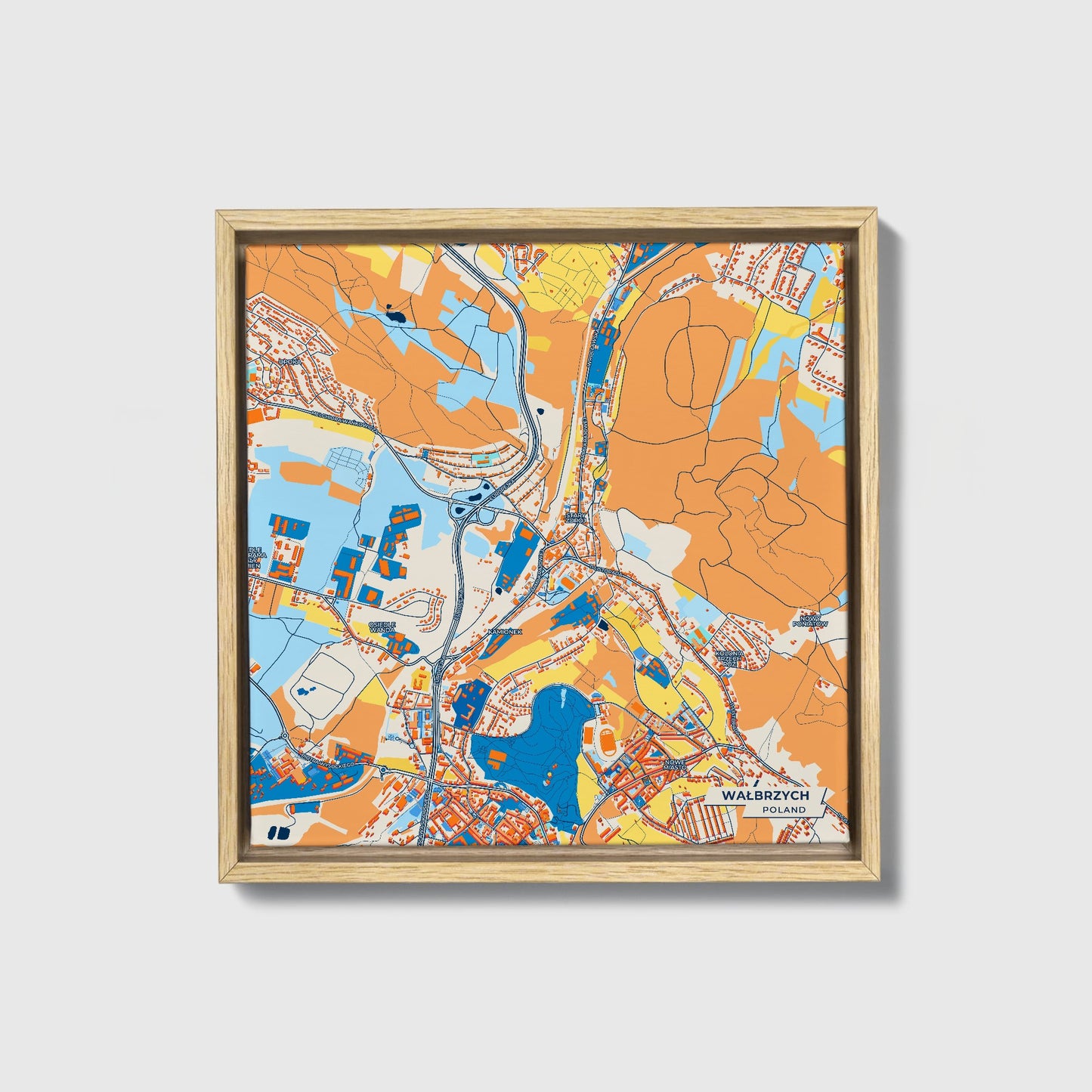 Wałbrzych Poland Colorful City Map Canvas Print • Natural Wooden Framed