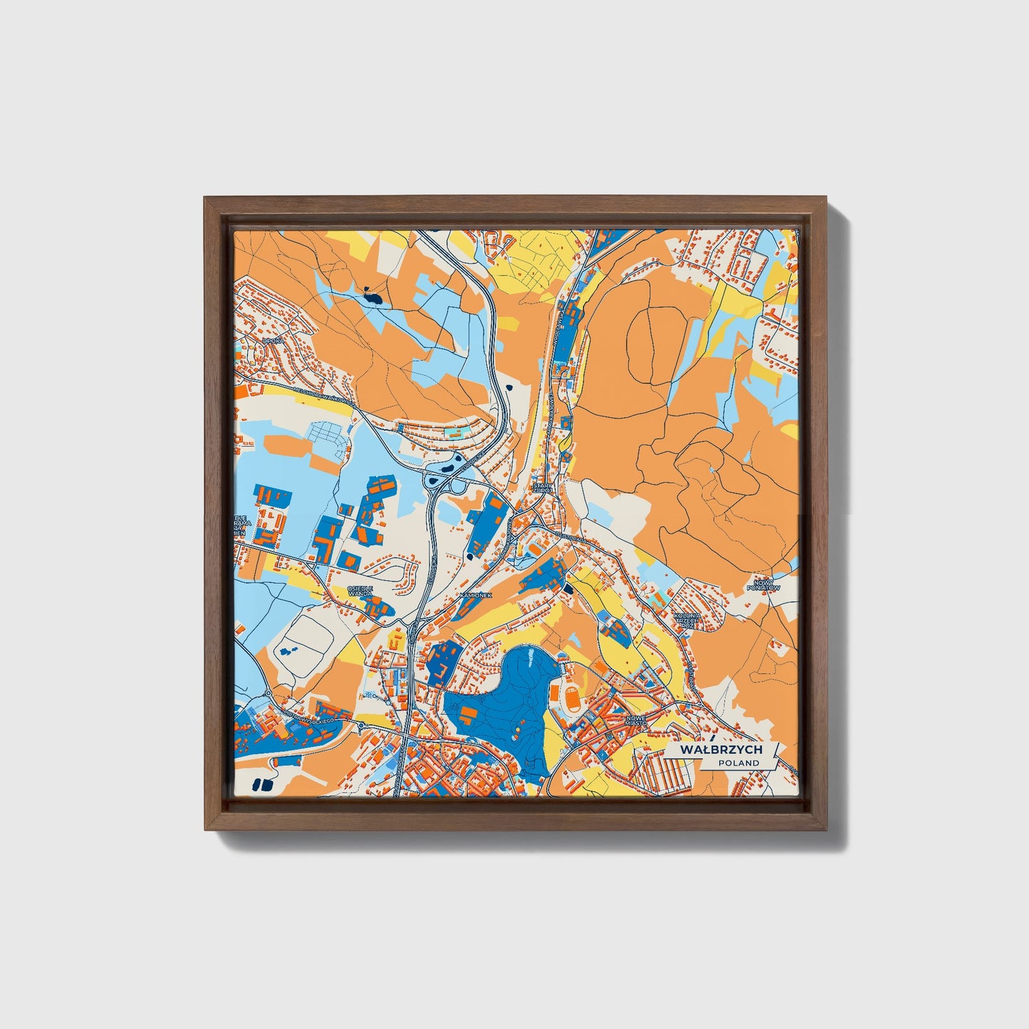 Wałbrzych Poland Colorful City Map Canvas Print • Dark Wooden Framed