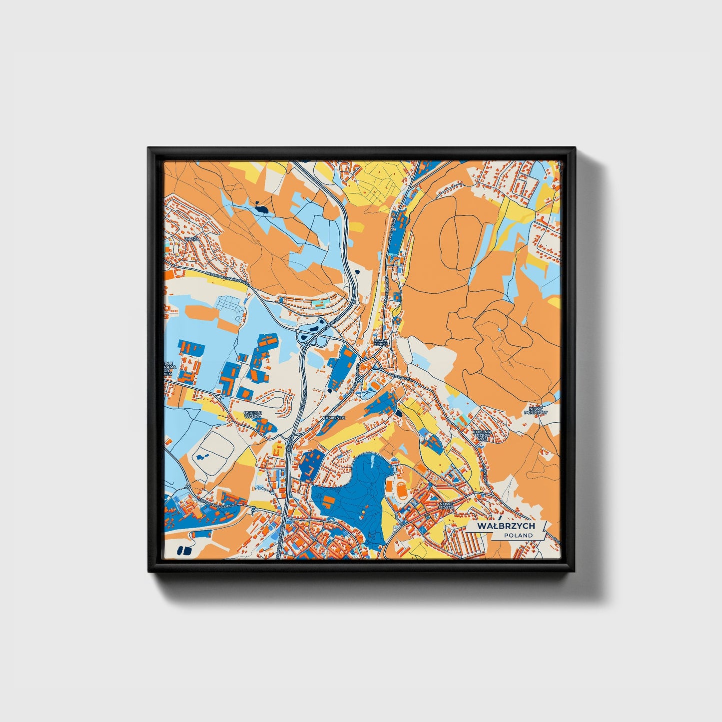 Wałbrzych Poland Colorful City Map Canvas Print • Black Framed