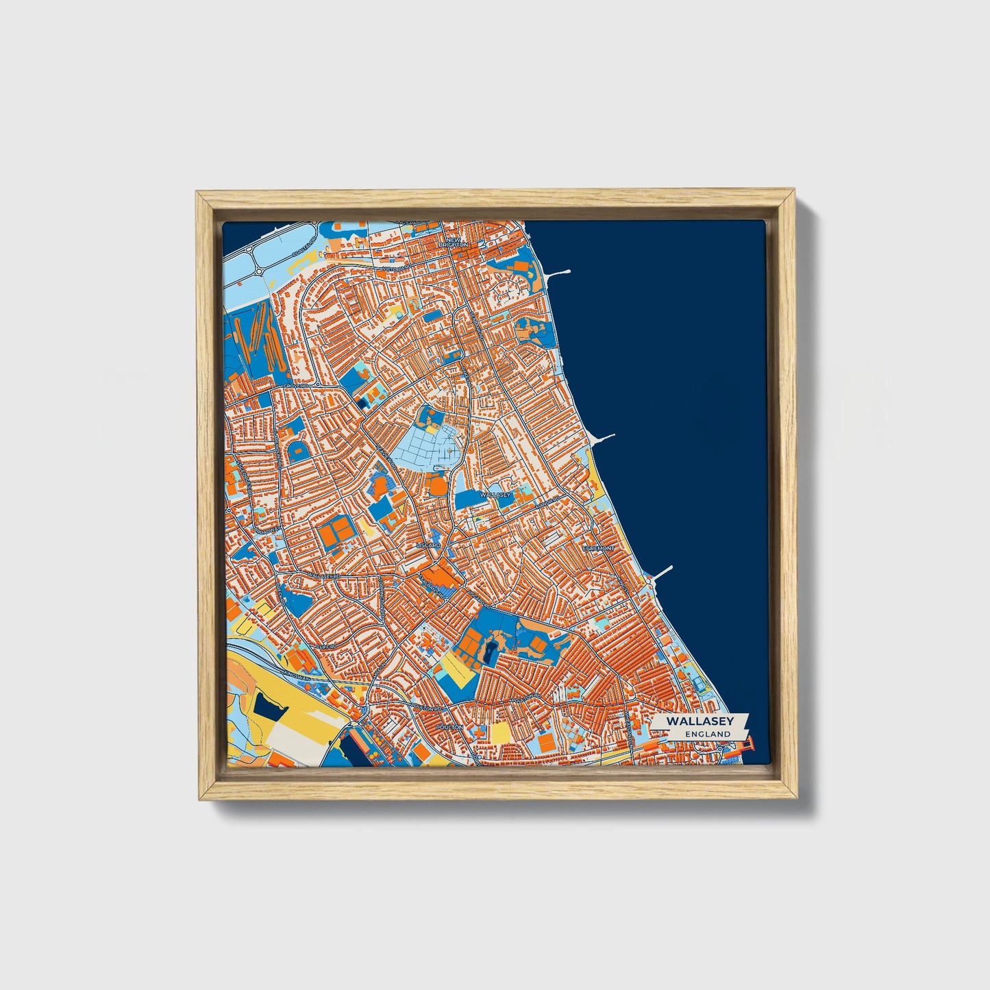 Wallasey England Colorful City Map Canvas Print • Natural Wooden Framed