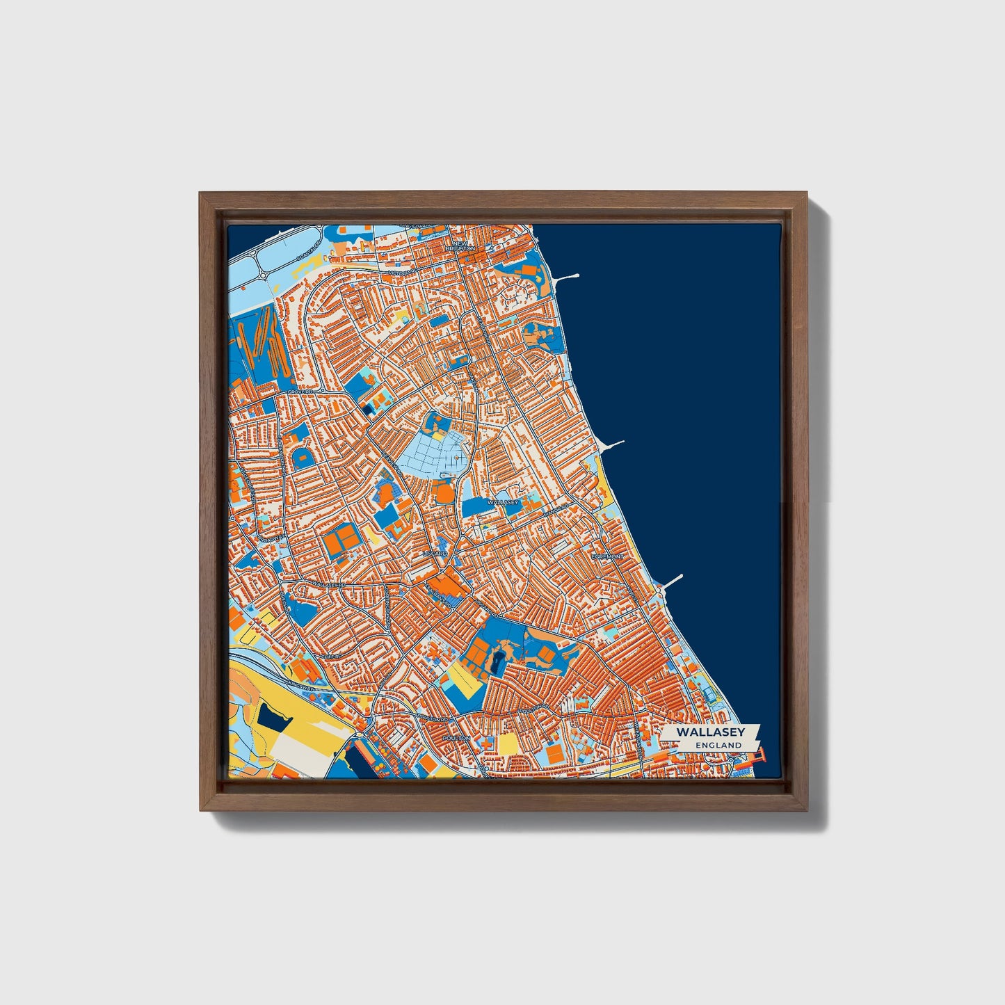 Wallasey England Colorful City Map Canvas Print • Dark Wooden Framed