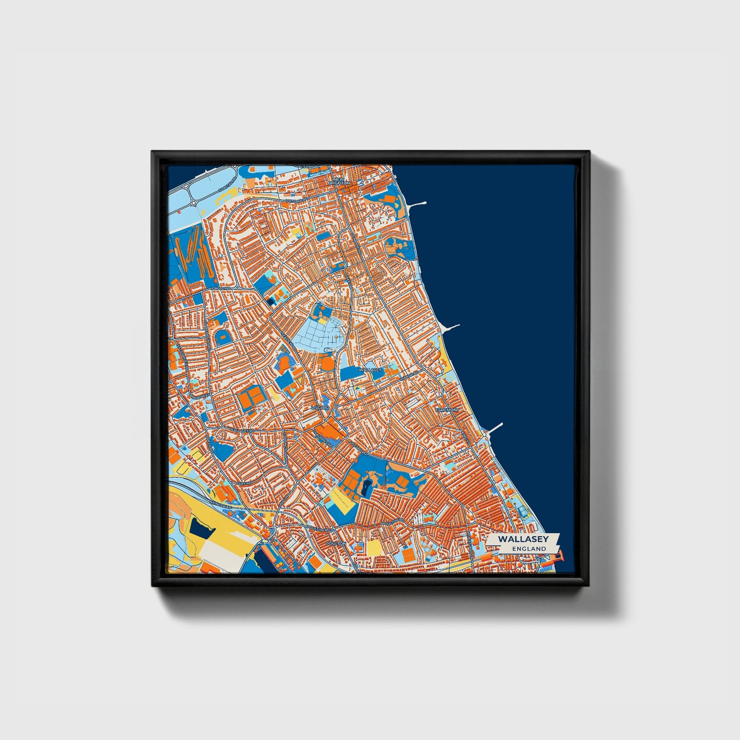 Wallasey England Colorful City Map Canvas Print • Black Framed