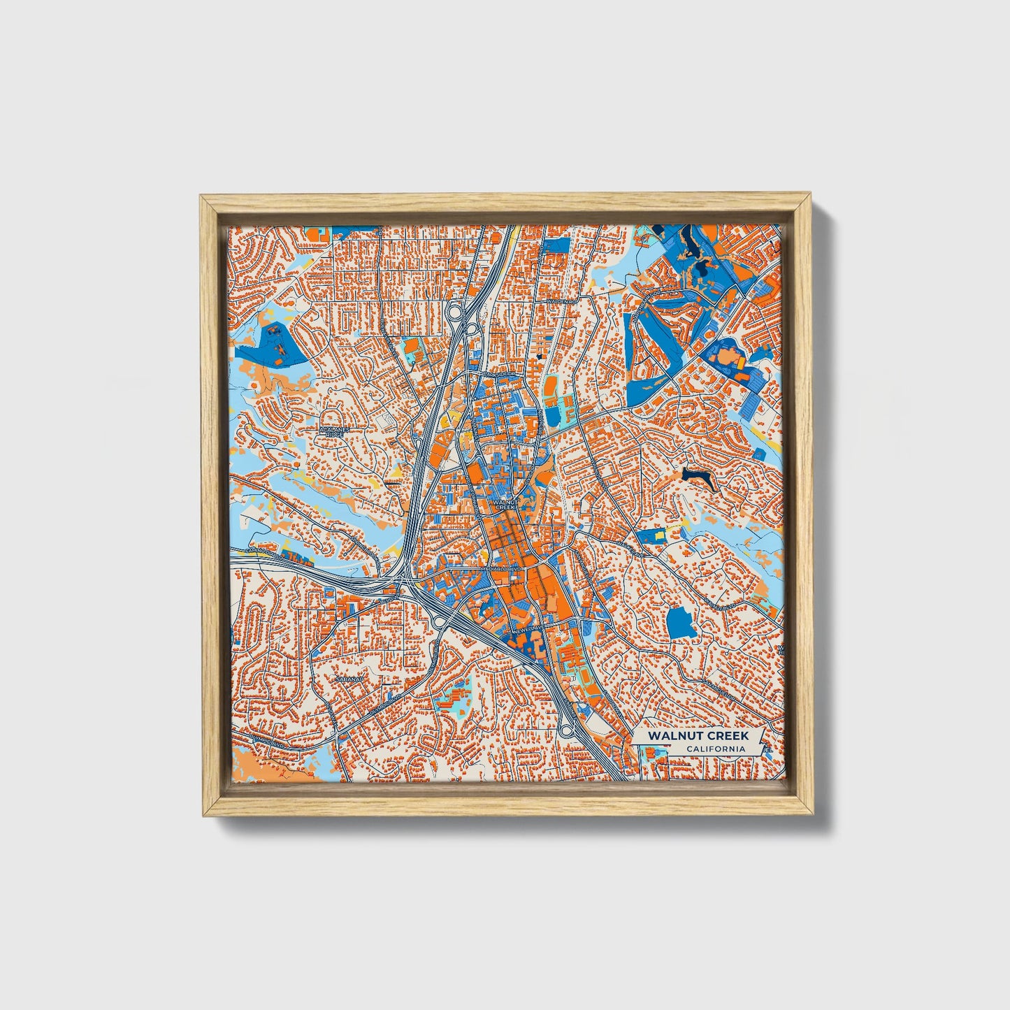 Walnut Creek California Colorful City Map Canvas Print • Natural Wooden Framed