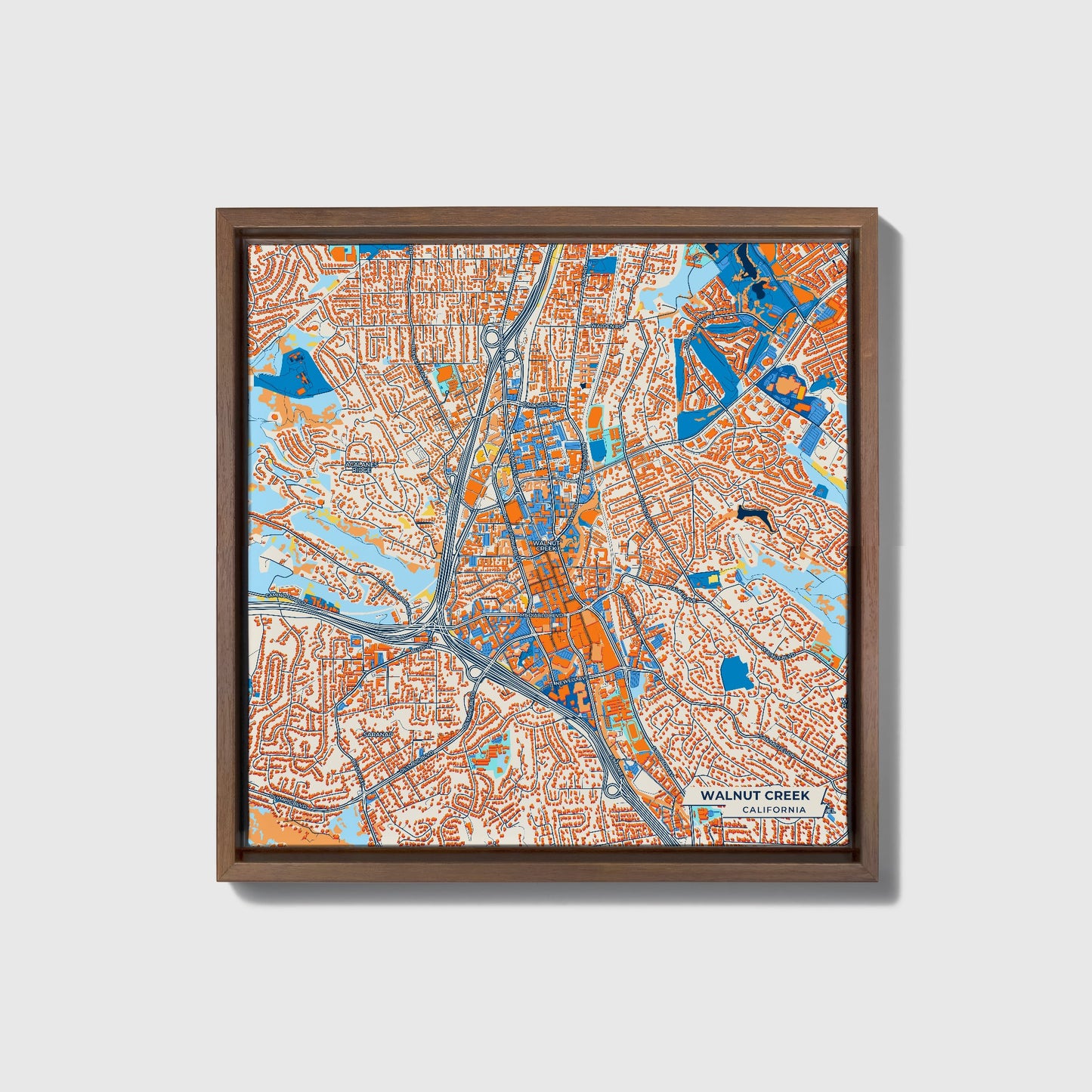 Walnut Creek California Colorful City Map Canvas Print • Dark Wooden Framed